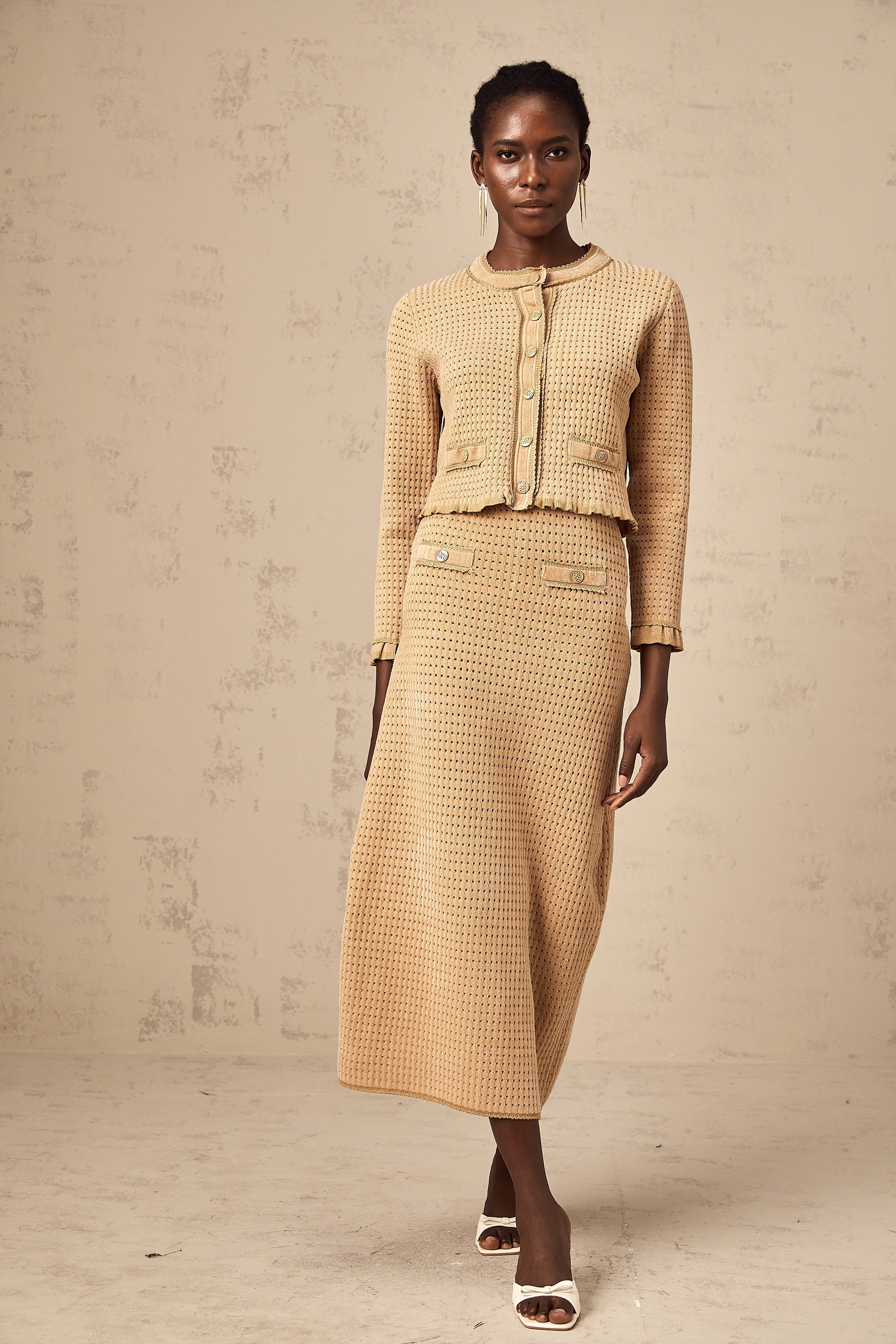 Léna khaki knitted cardigan & skirt matching set (US Only)