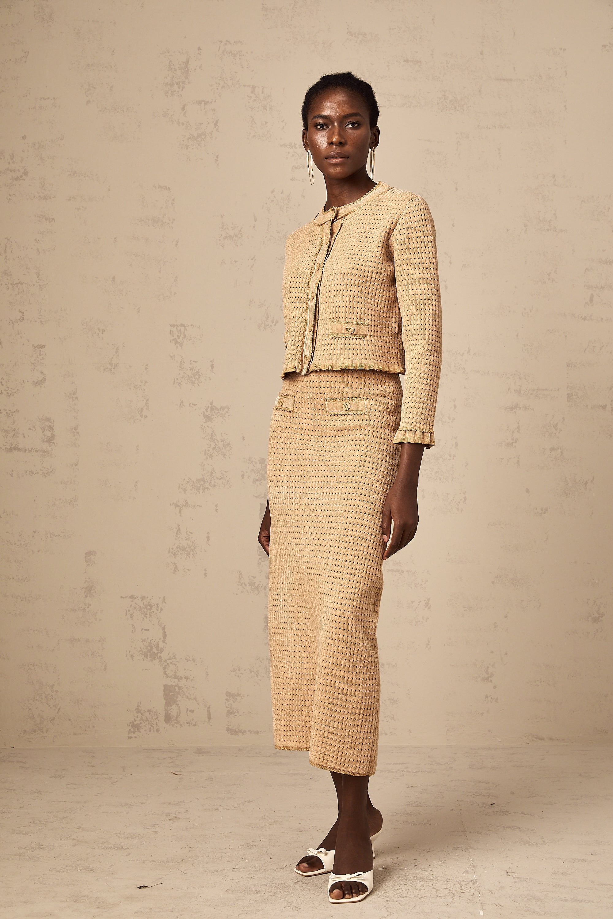 Léna khaki knitted cardigan & skirt matching set (US Only)