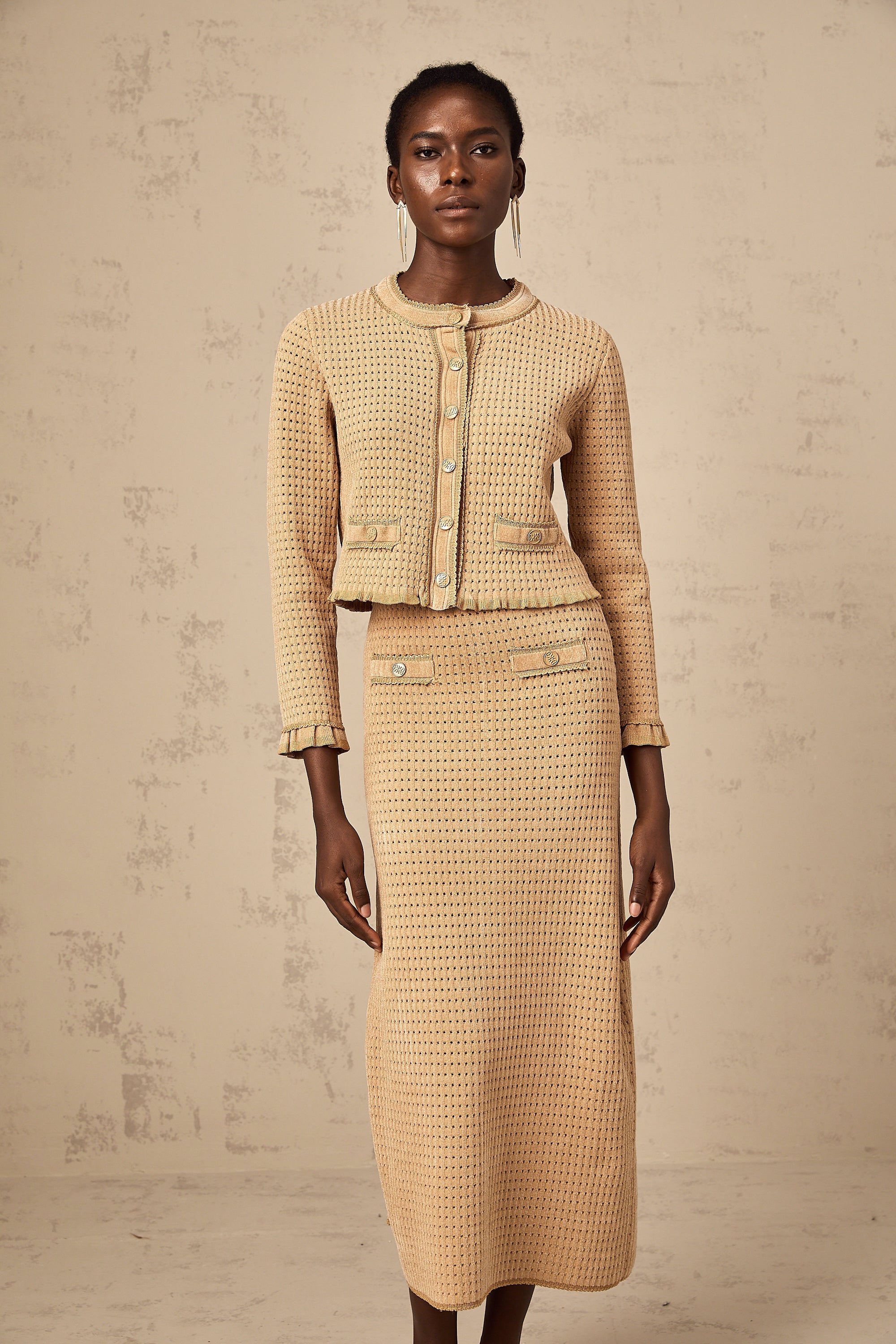 Léna khaki knitted cardigan & skirt matching set (US Only)
