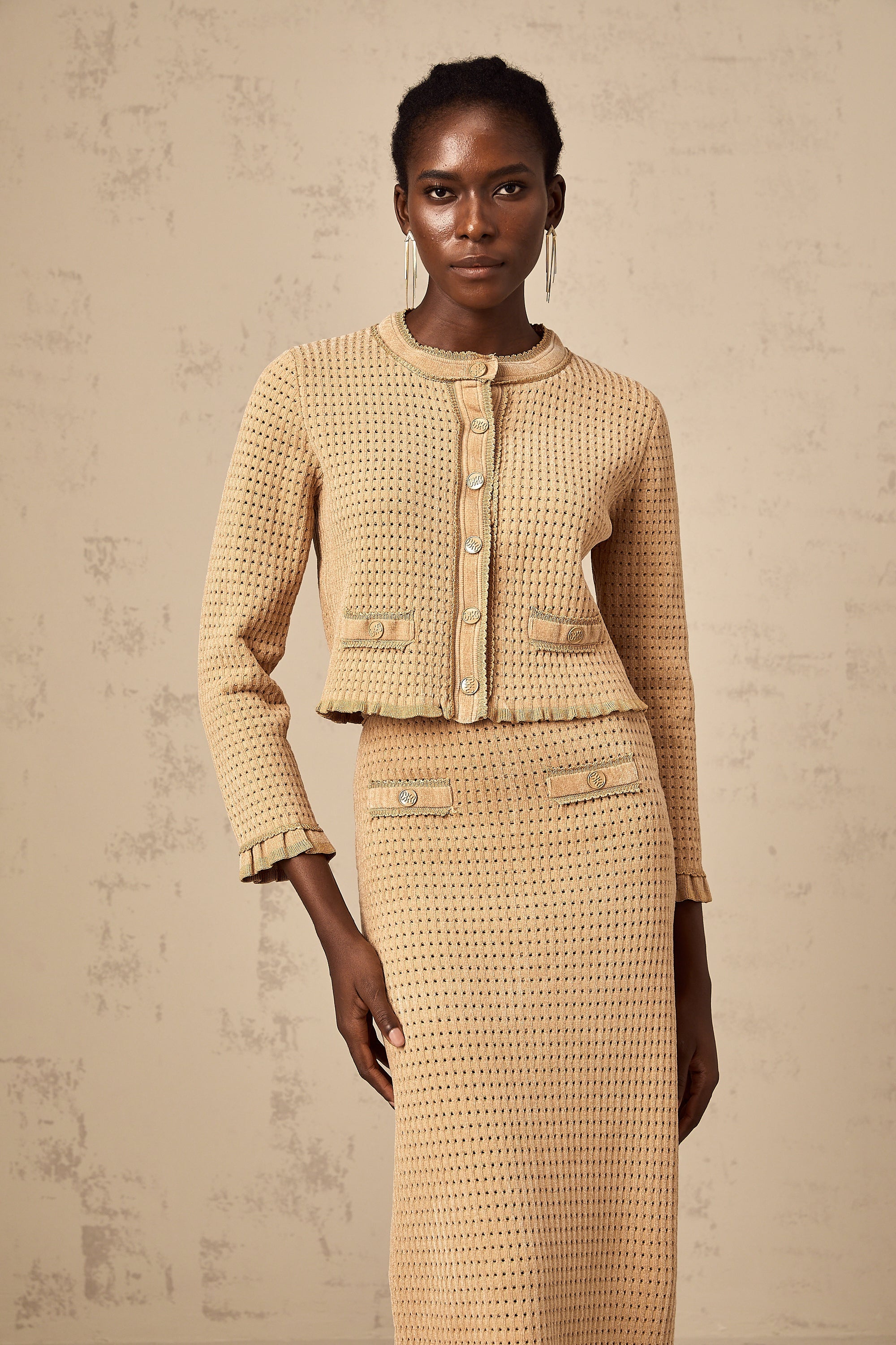 Léna khaki knitted cardigan & skirt matching set (US Only)