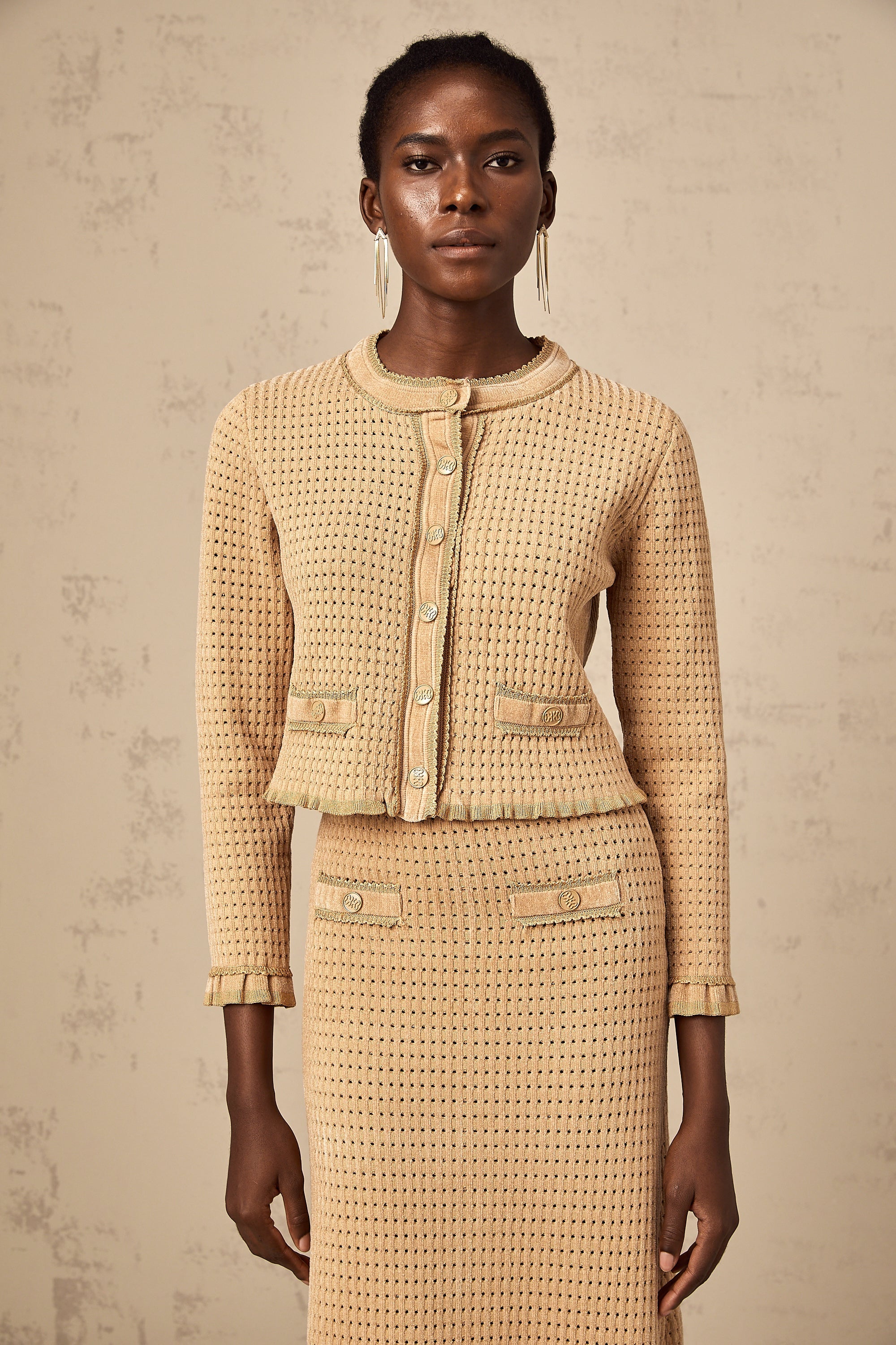 Léna khaki knitted cardigan & skirt matching set (US Only)