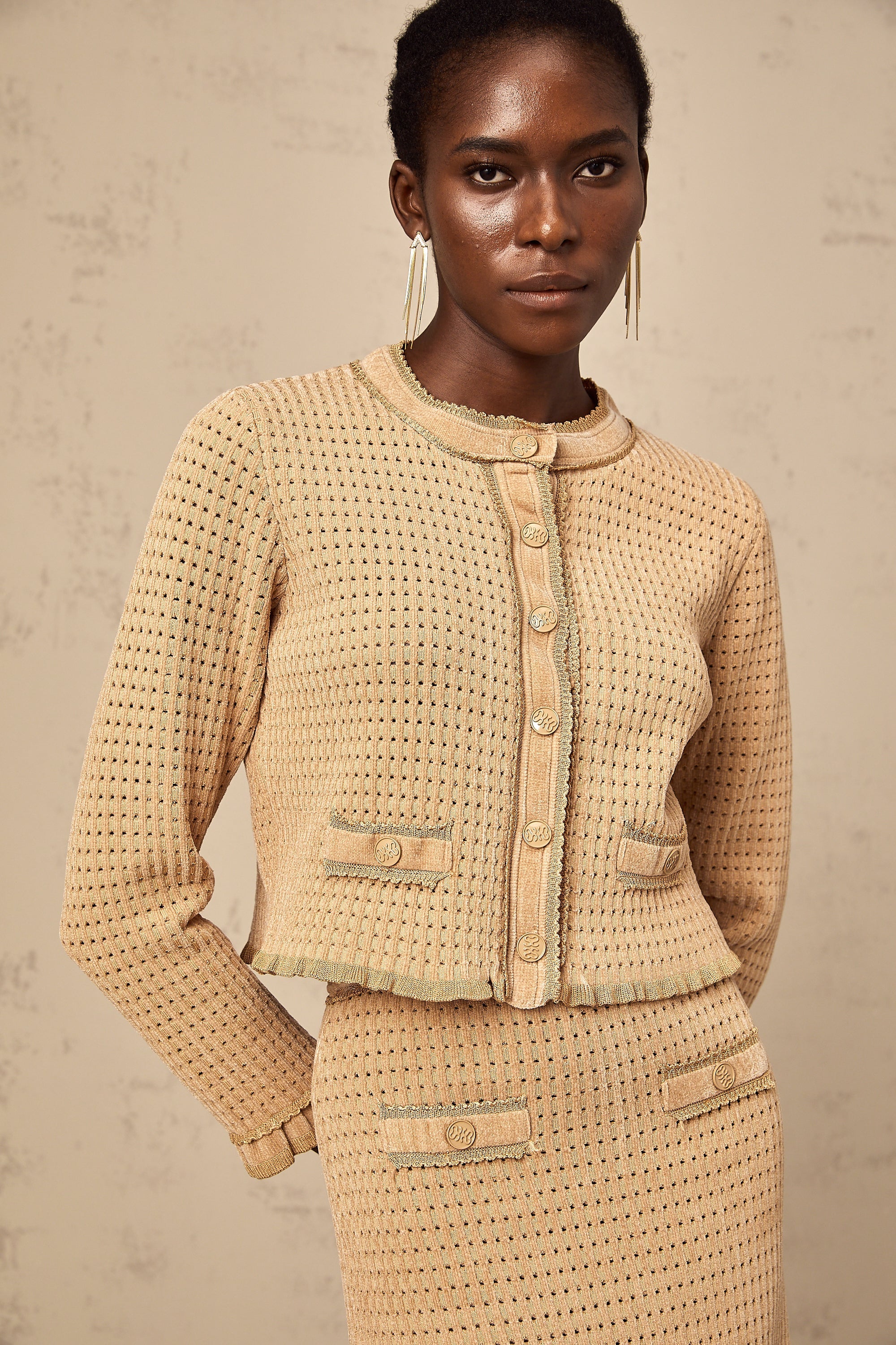 Léna khaki knitted cardigan & skirt matching set (US Only)
