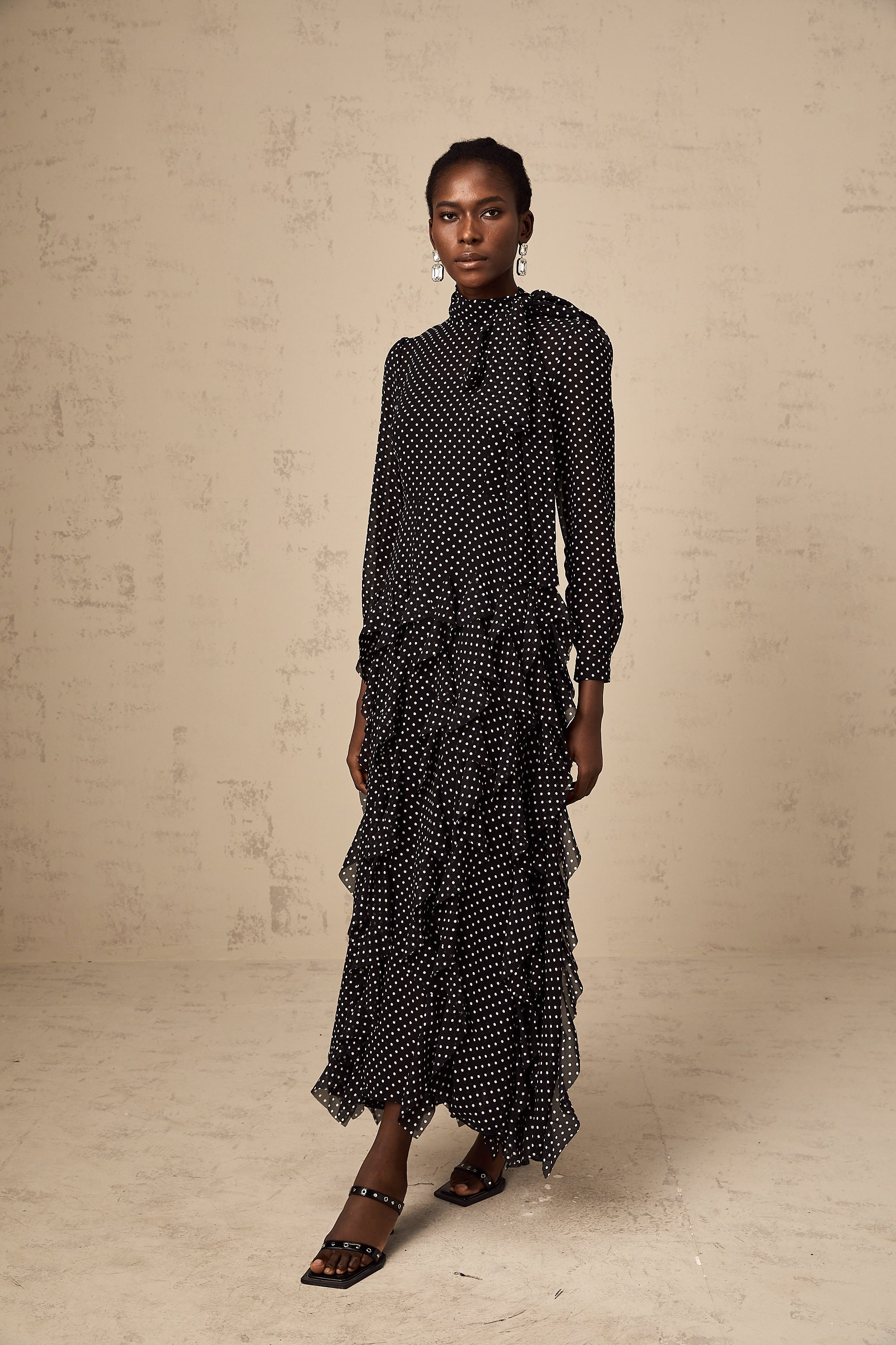Coraline black polka-dot ruffled midi dress
