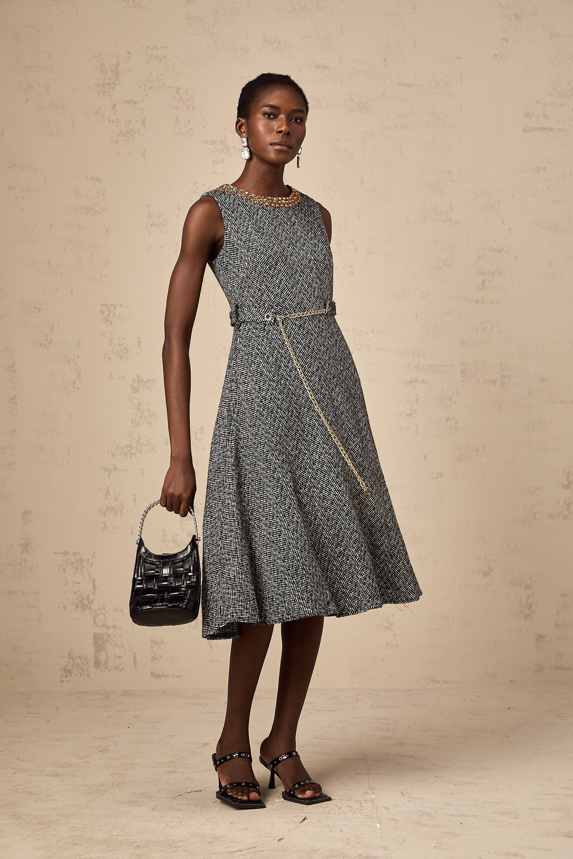 Valentine grey crystal sleeveless tweed midi dress (Final Sale)