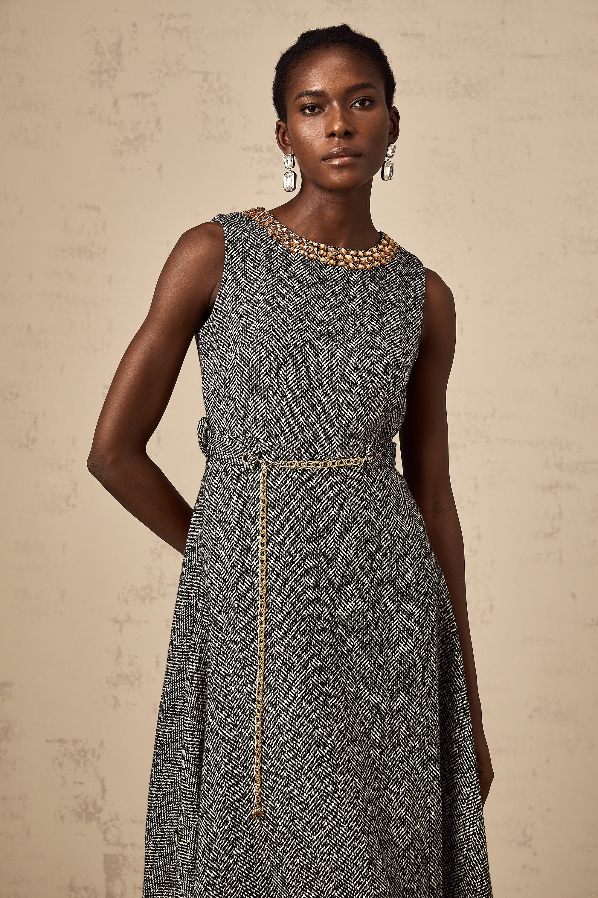Valentine grey crystal sleeveless tweed midi dress (Final Sale)