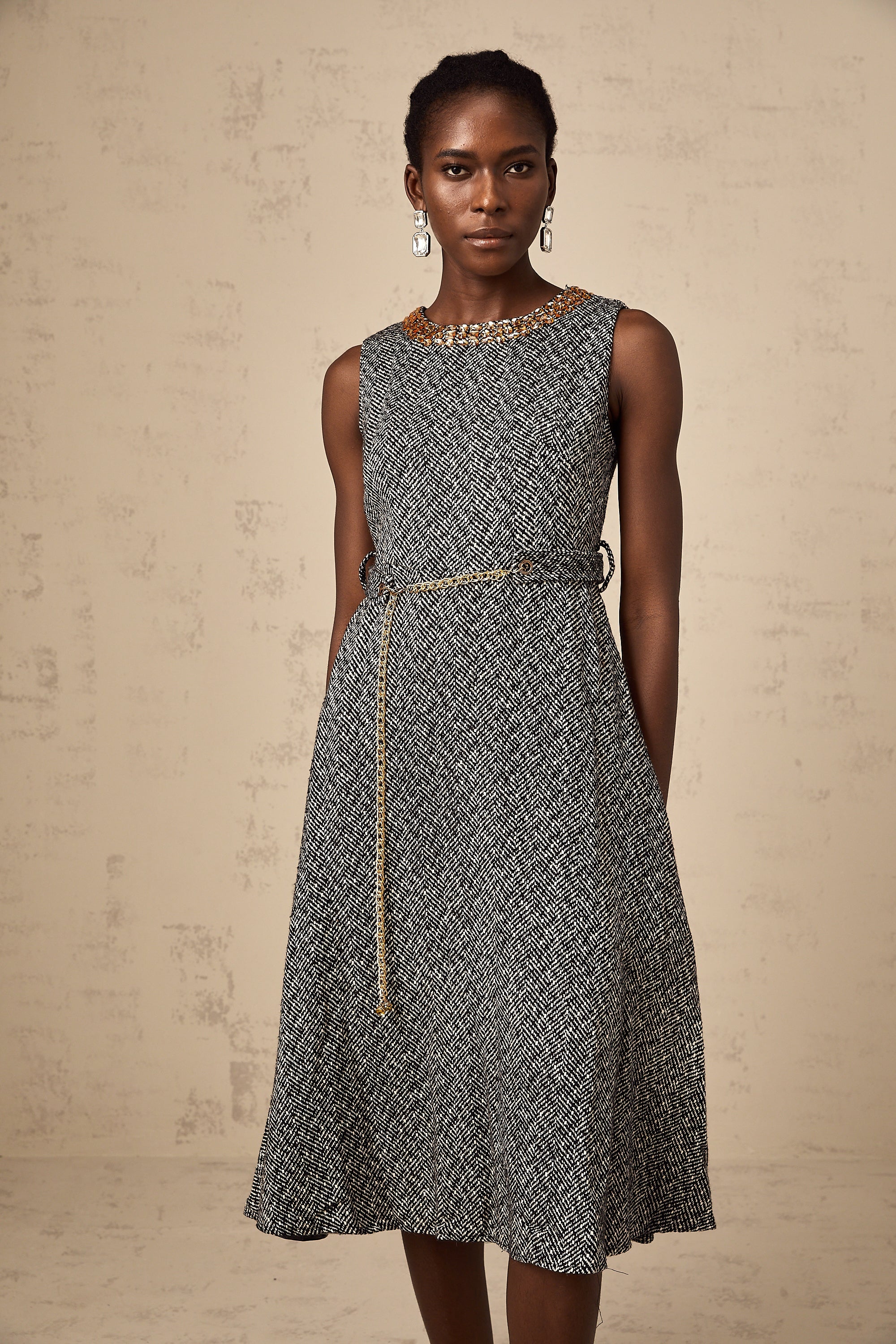 Valentine grey crystal sleeveless tweed midi dress (Final Sale)