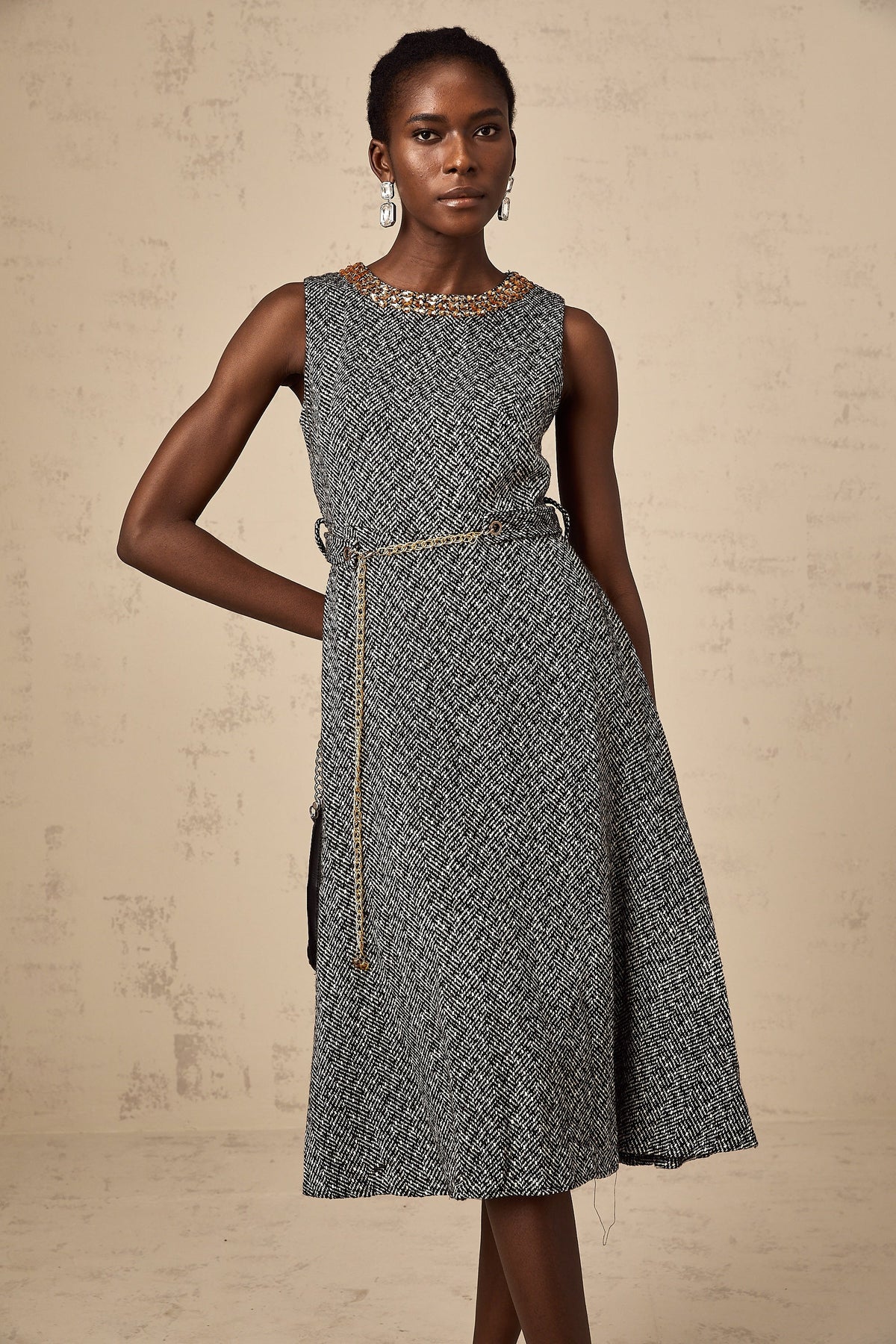Valentine grey crystal sleeveless tweed midi dress