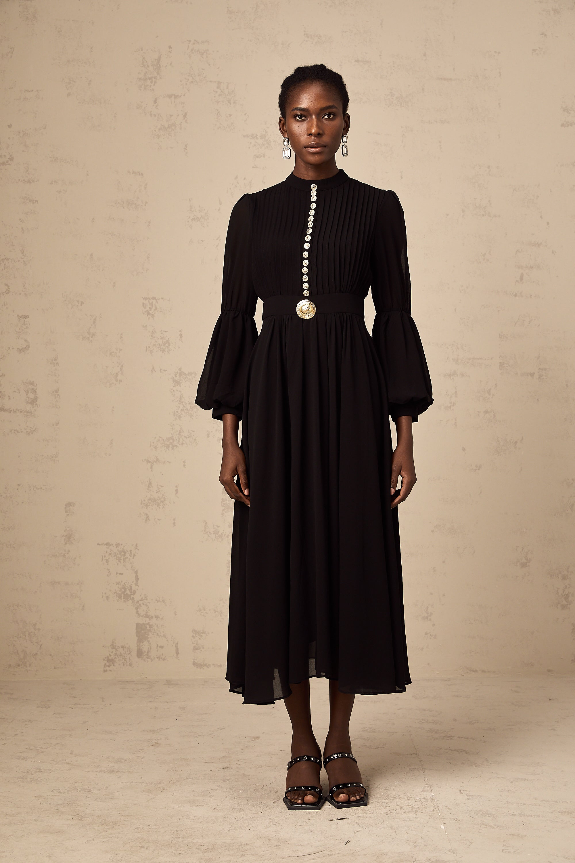 Viviane black pleated button-front midi dress (Final Sale-US Only)