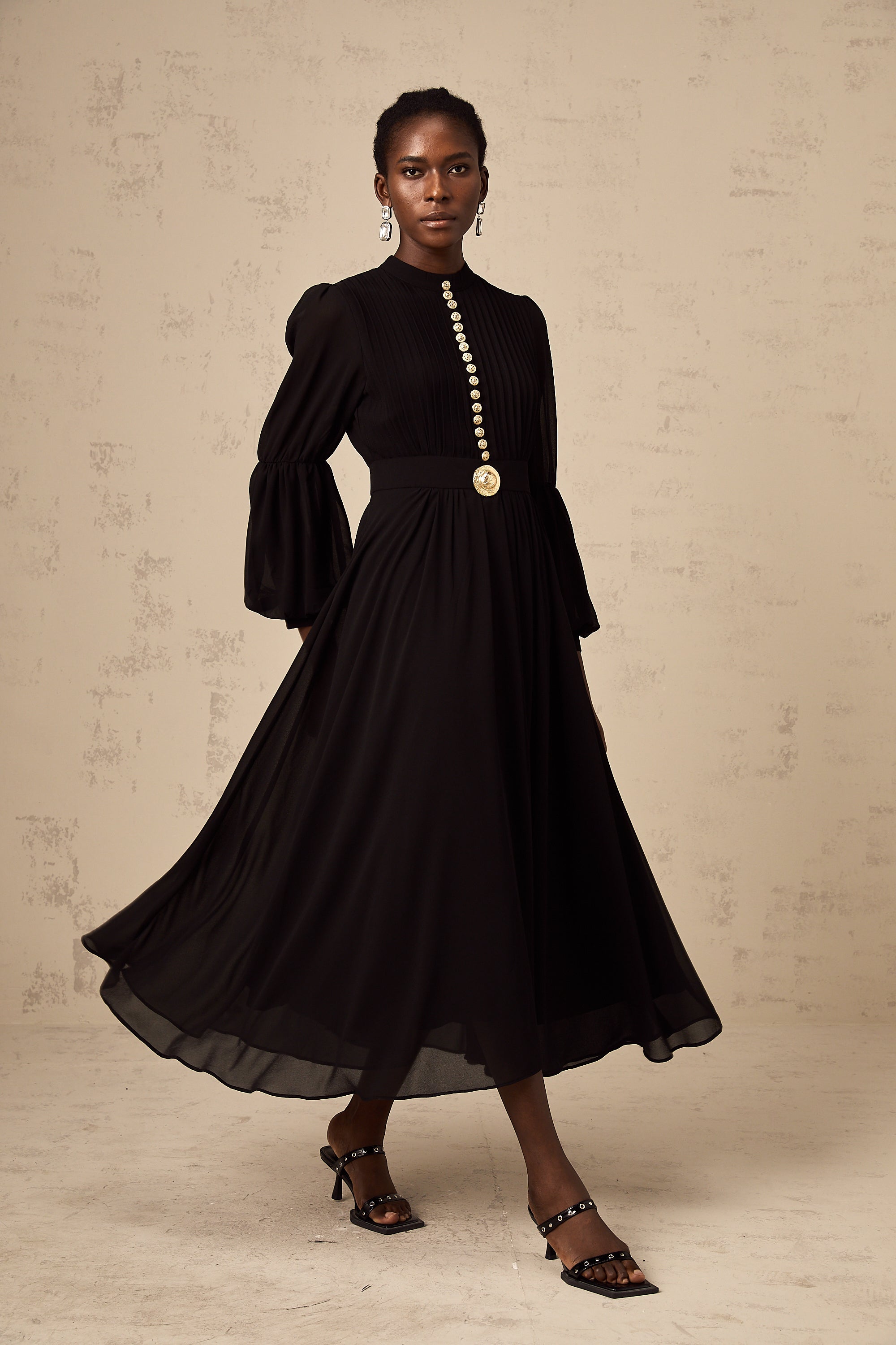 Viviane black pleated button-front midi dress (Final Sale-US Only)