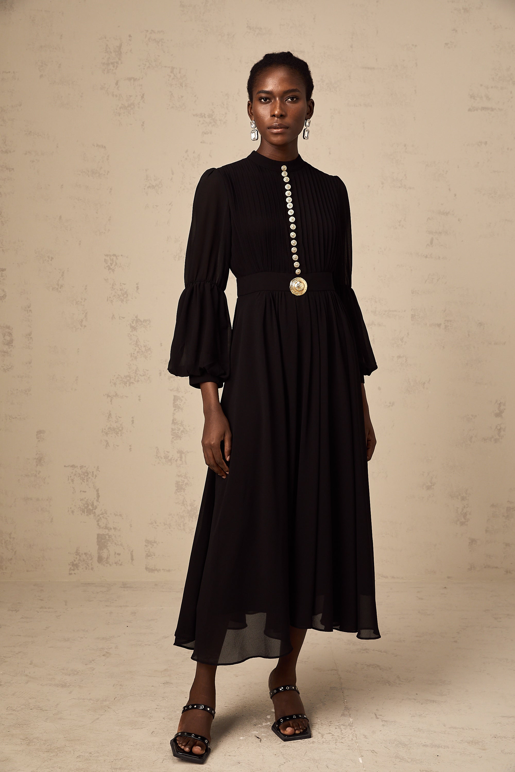 Viviane black pleated button-front midi dress (Final Sale-US Only)