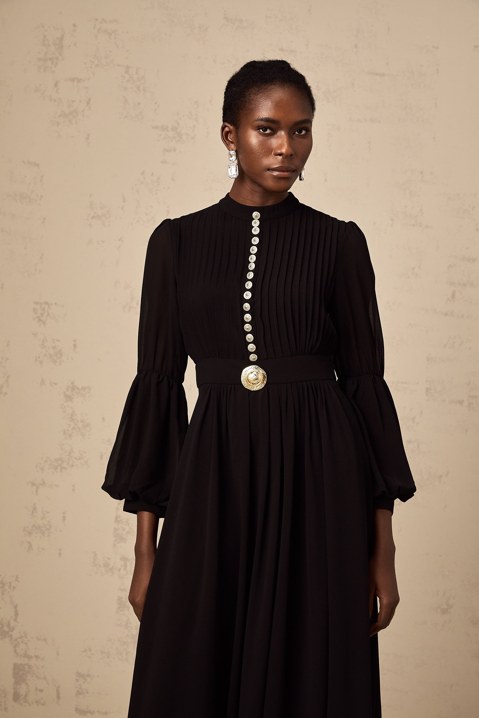 Viviane black pleated button-front midi dress (Final Sale-US Only)