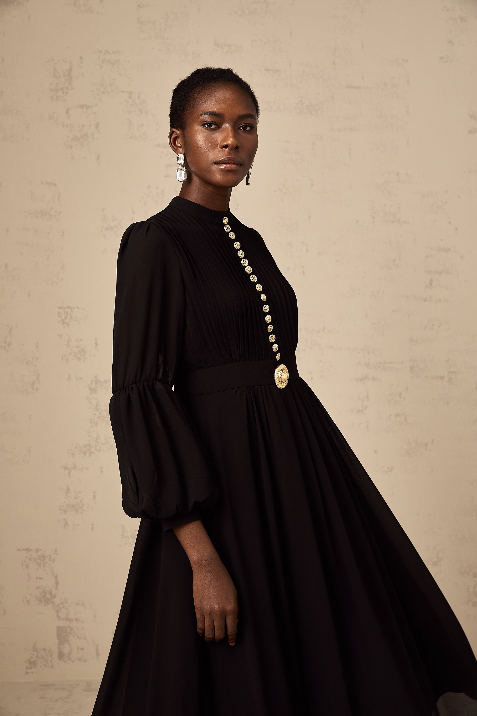 Viviane black pleated button-front midi dress (Final Sale-US Only)