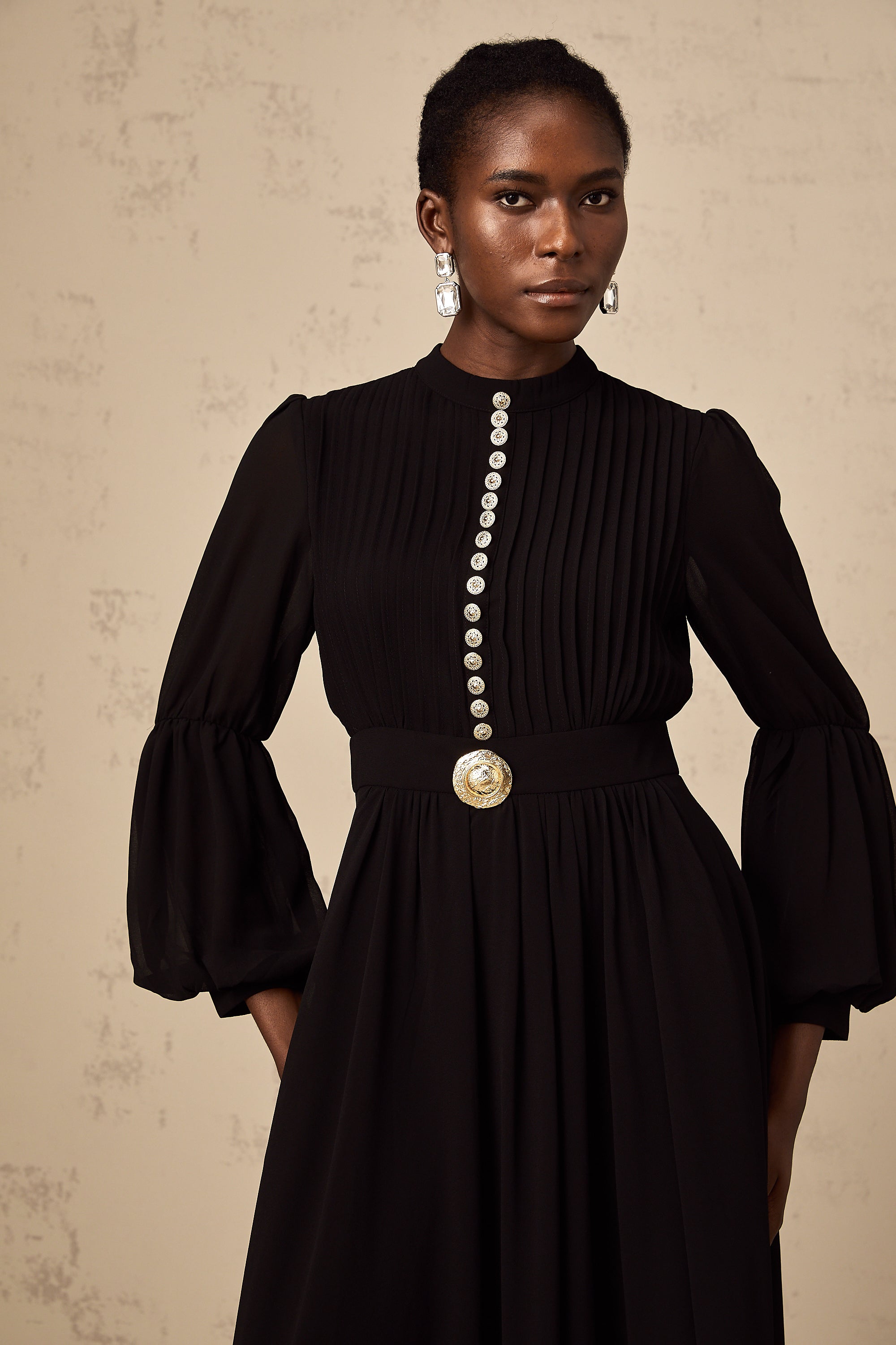 Viviane black pleated button-front midi dress (Final Sale-US Only)