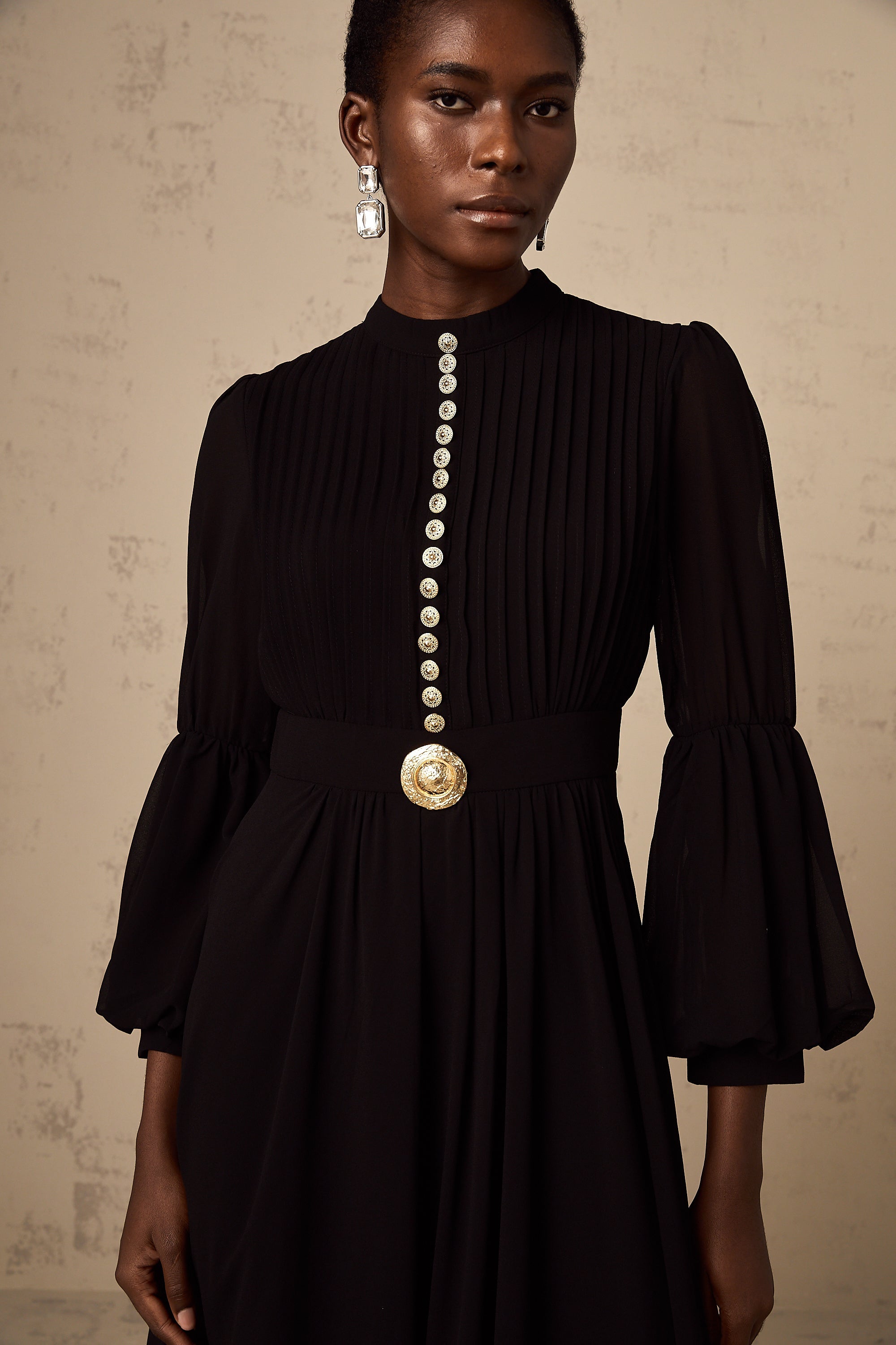 Viviane black pleated button-front midi dress (Final Sale-US Only)