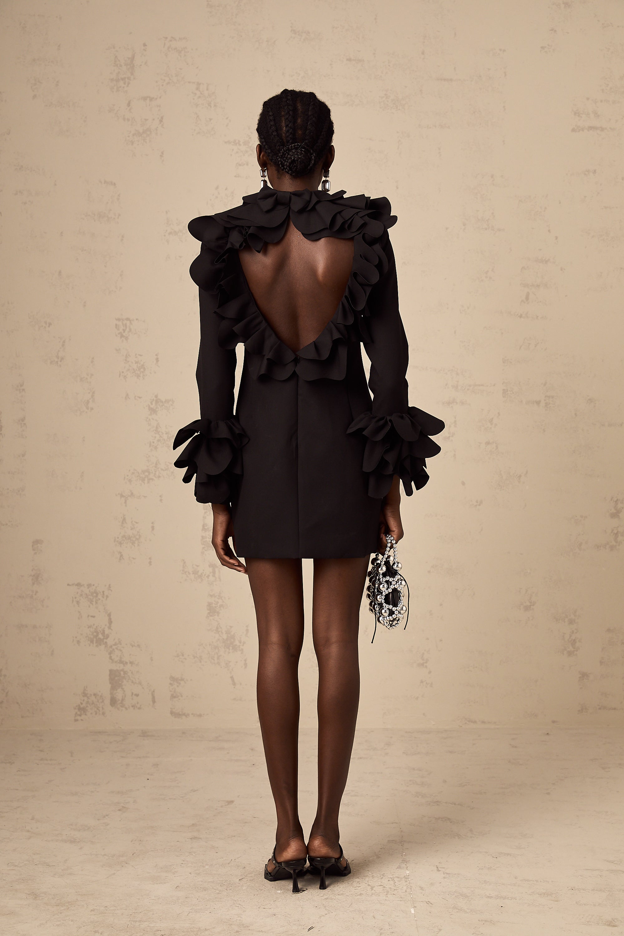 Jacques black ruffled open-back mini dress