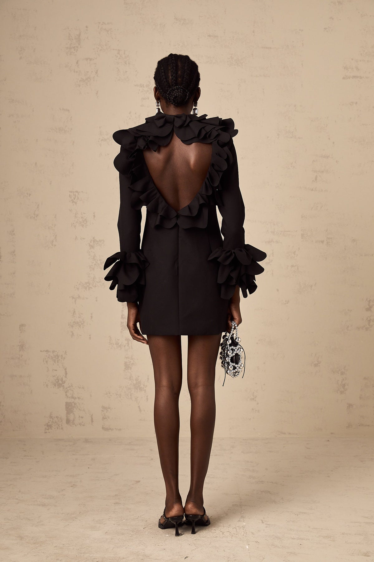 Jacques black ruffled open-back mini dress
