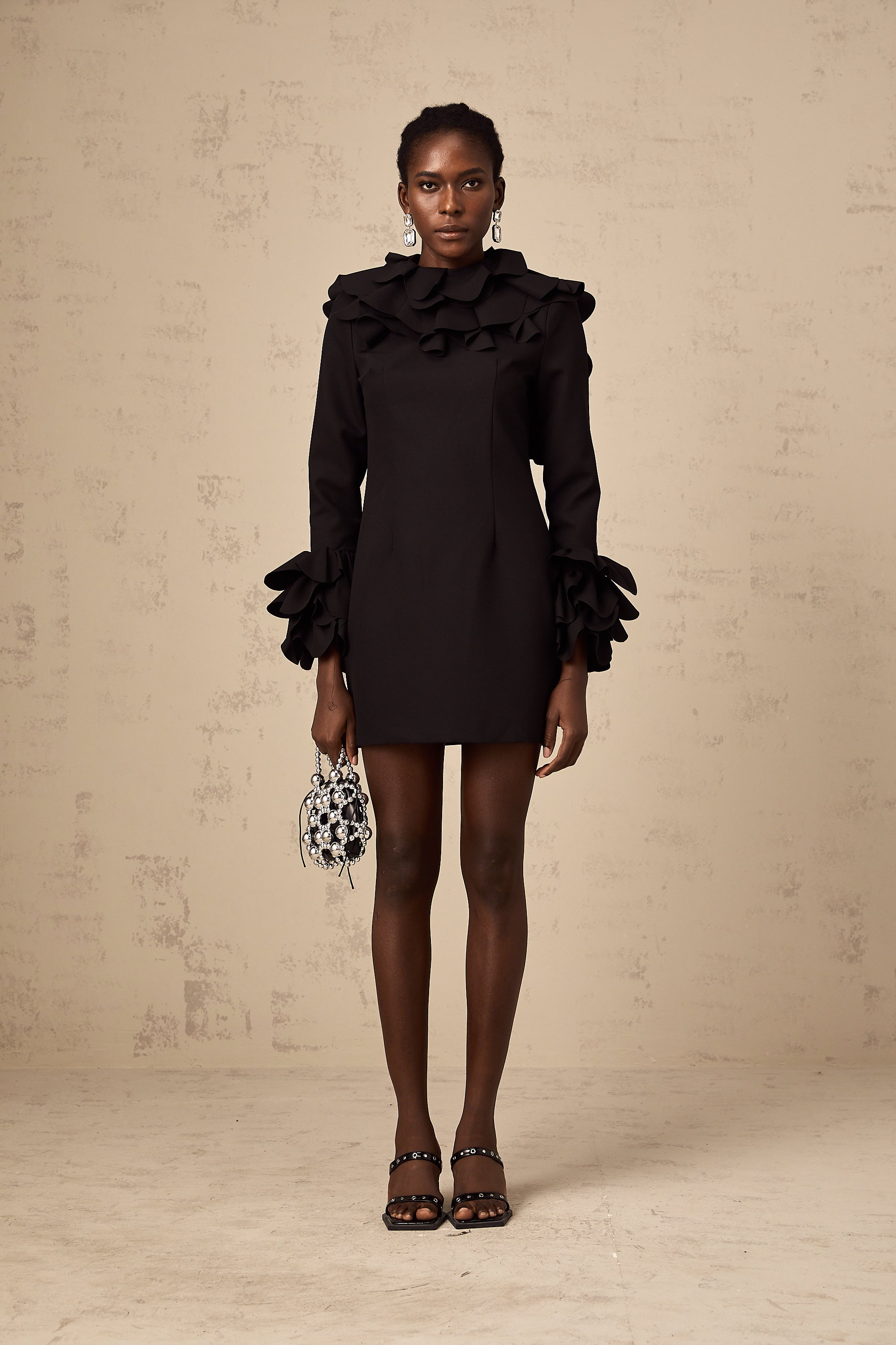 Priscille black ruffled open-back mini dress (US Only)