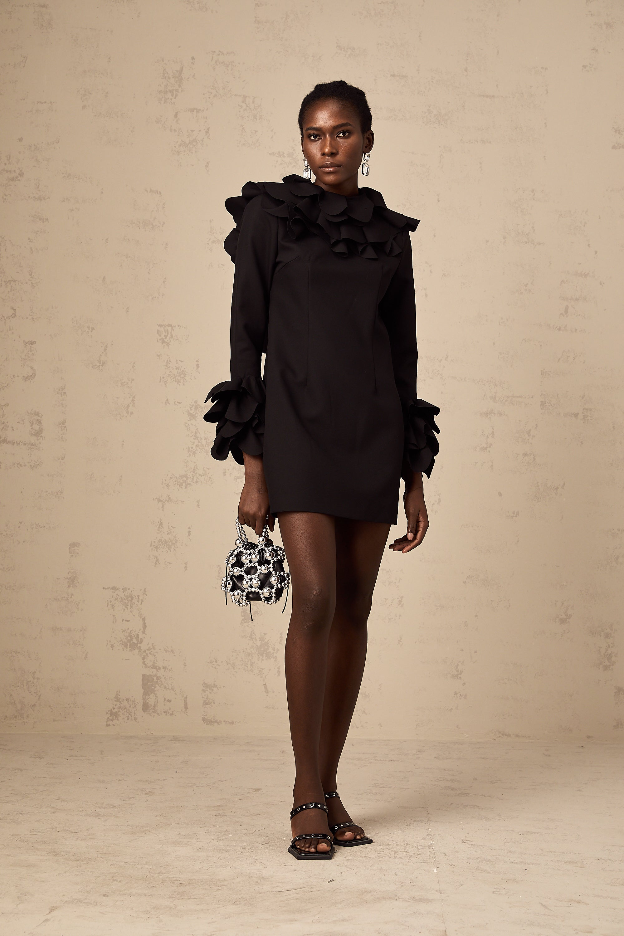Priscille black ruffled open-back mini dress (US Only)