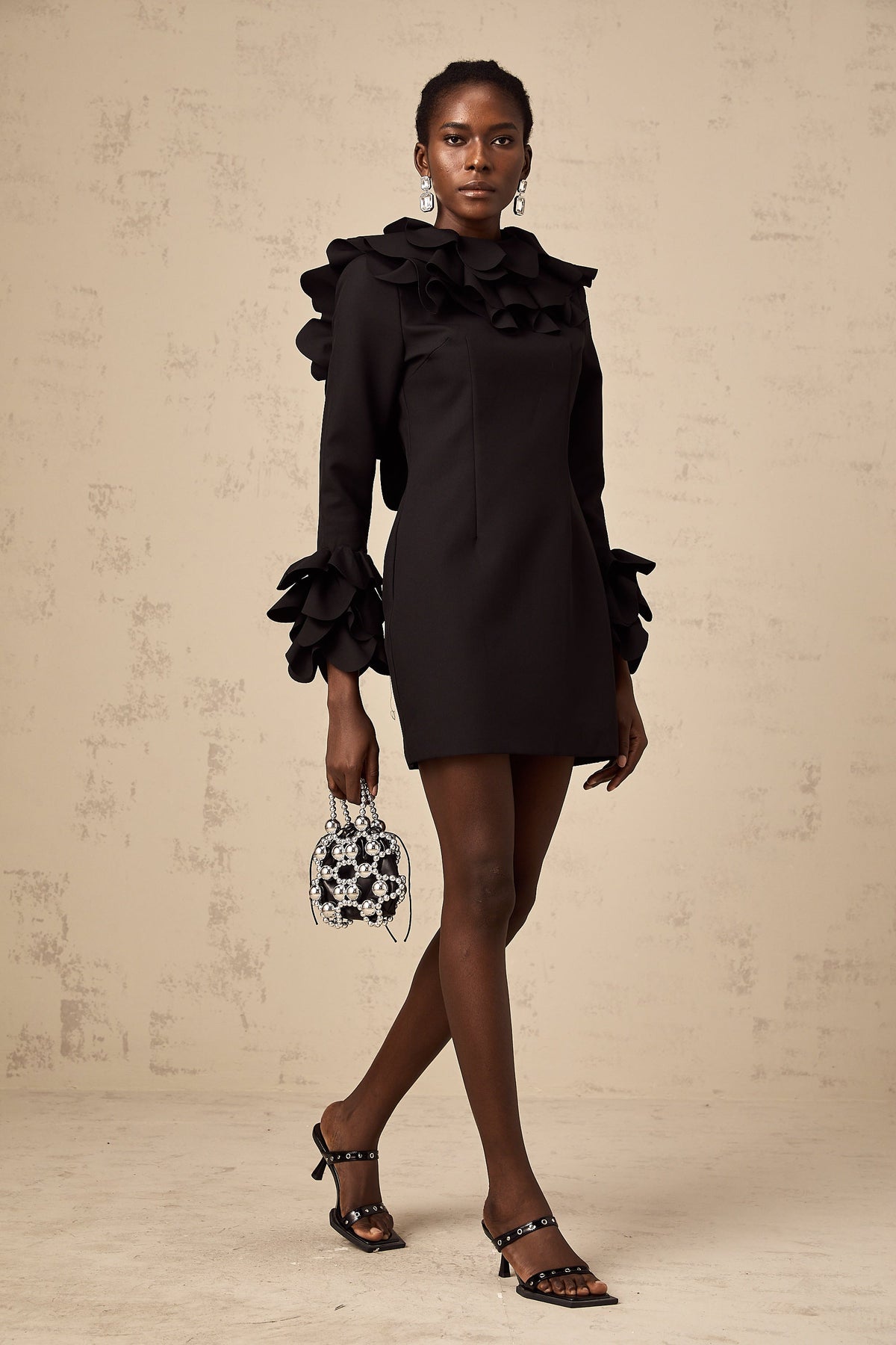 Jacques black ruffled open-back mini dress
