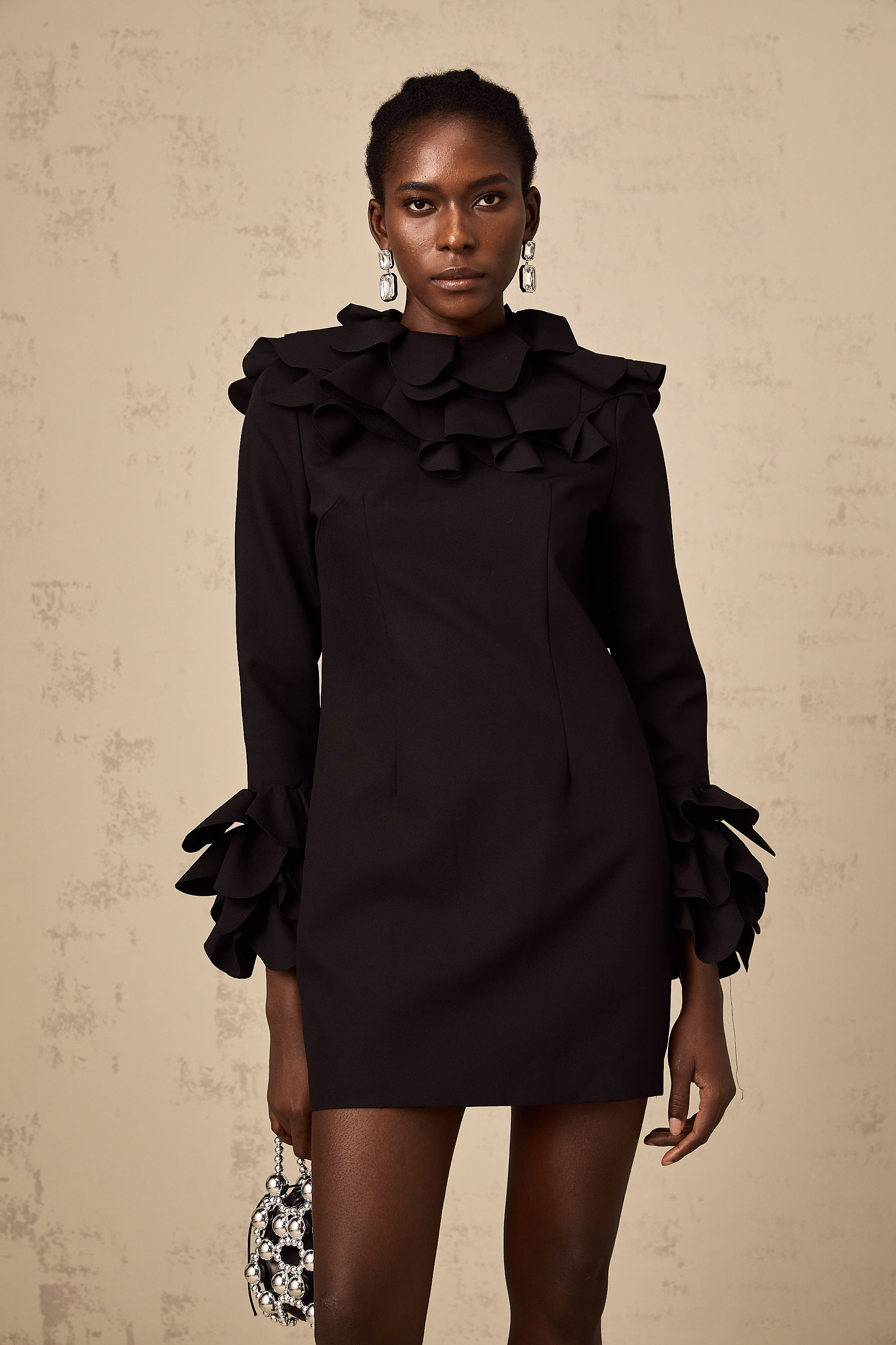 Priscille black ruffled open-back mini dress (US Only)