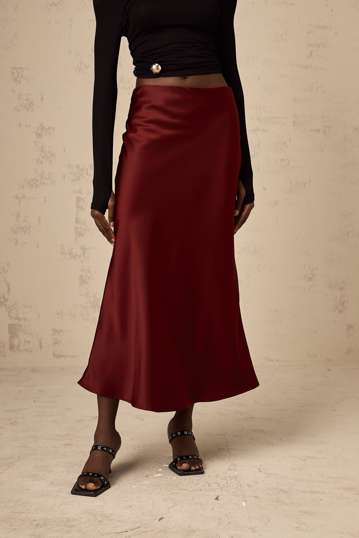 Vanessa red flared satin skirt