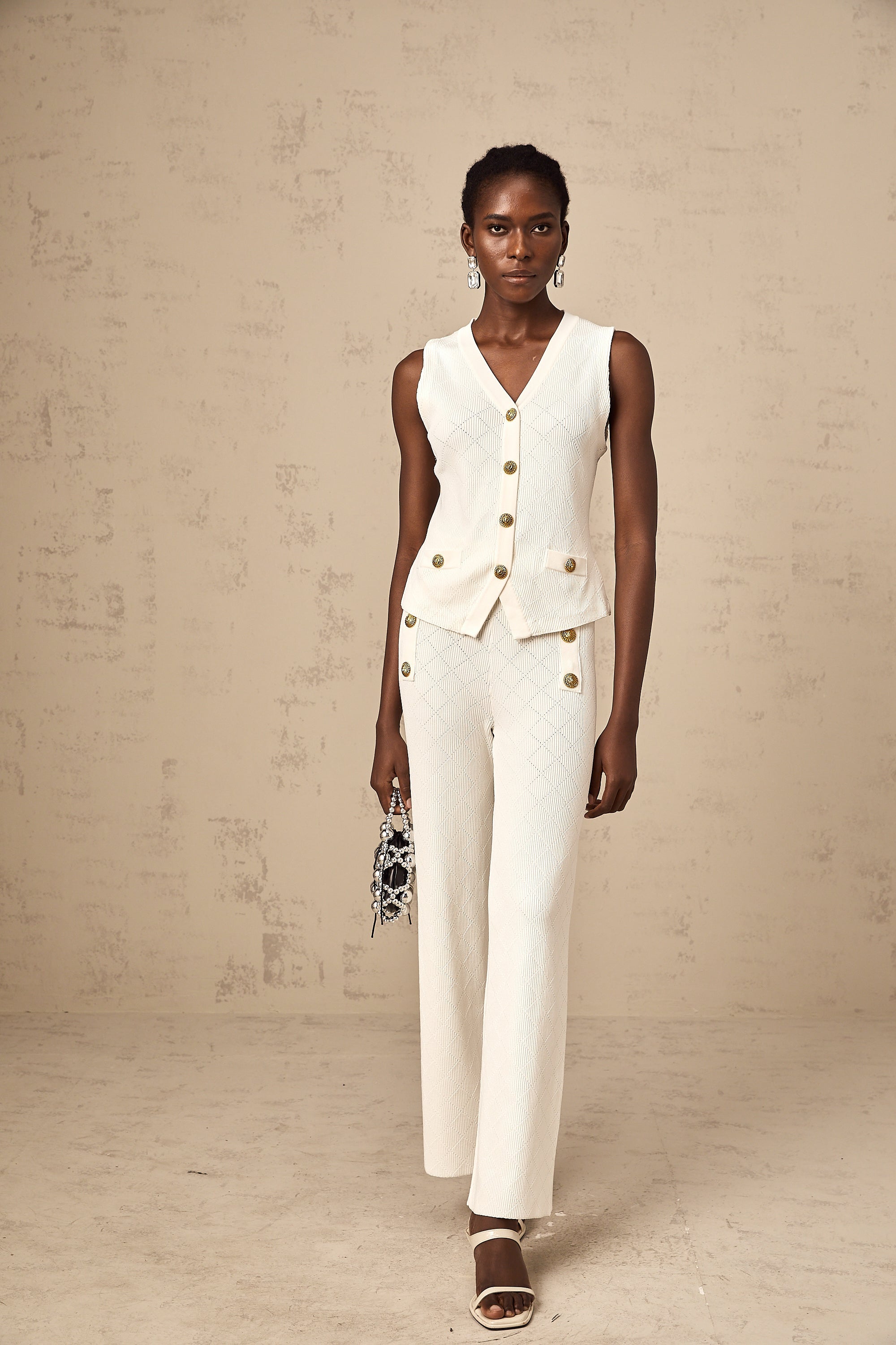 Clothilde white knitted top & trousers matching set