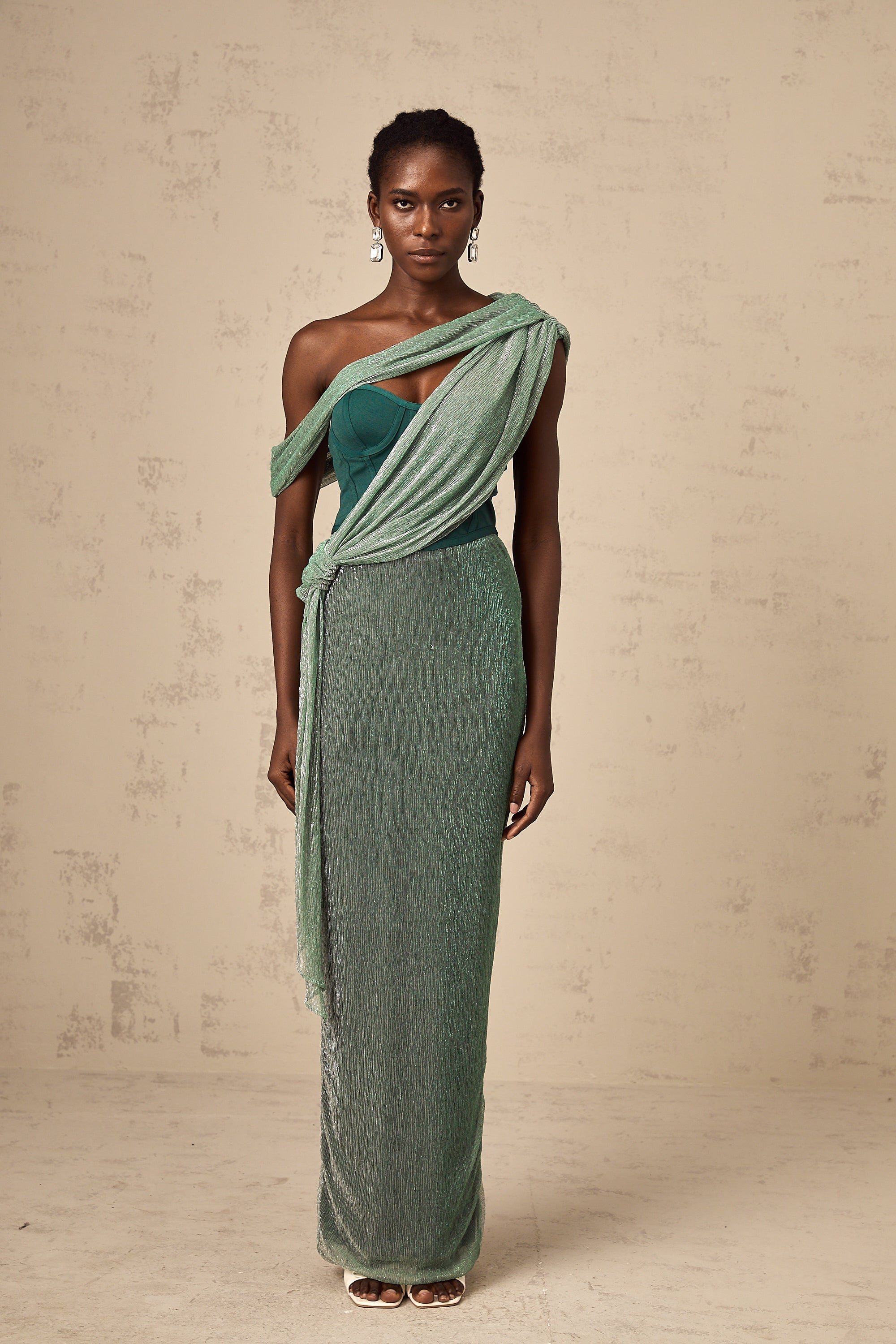 Delphine ribbon-design corset maxi dress in Green