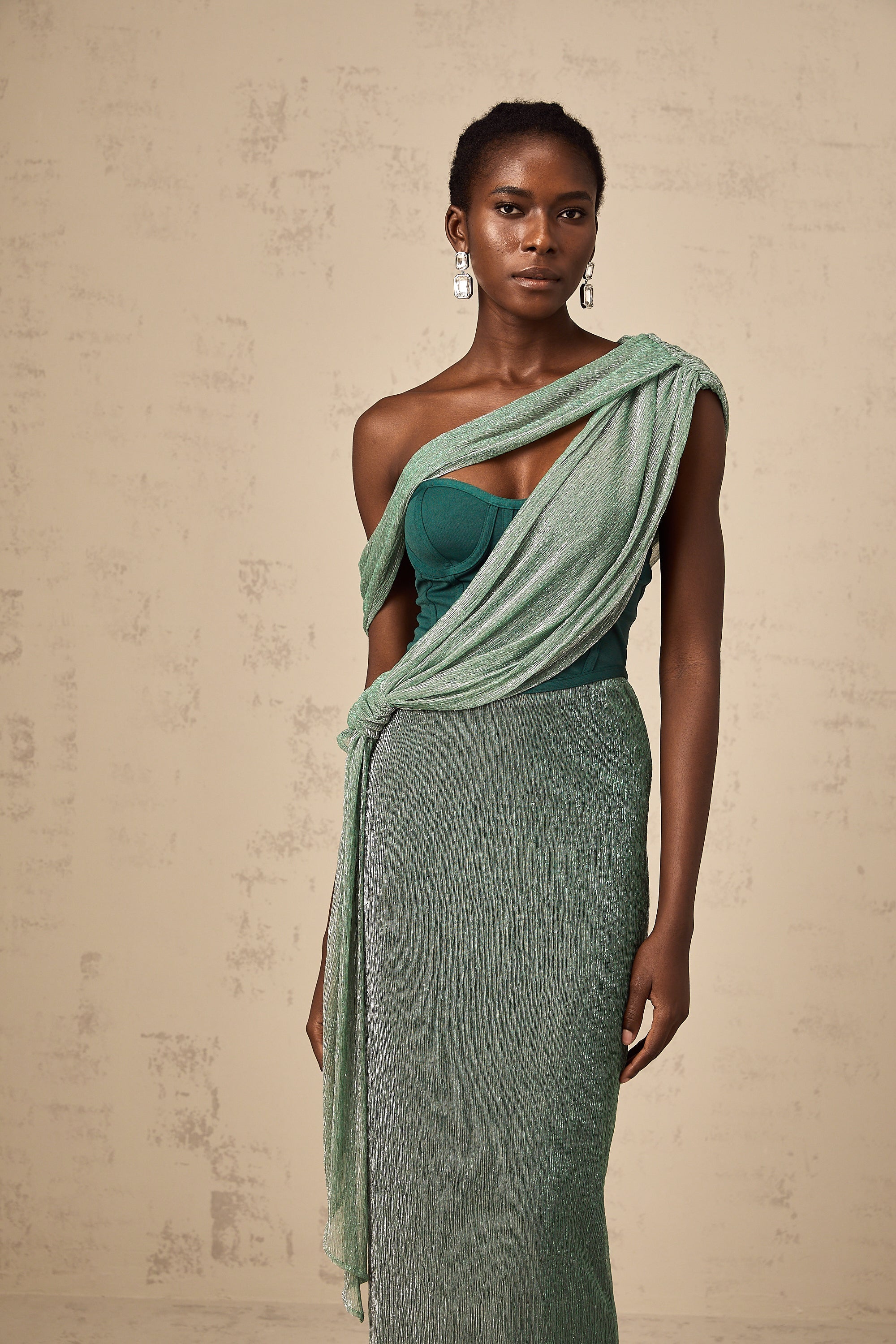 Delphine ribbon-design corset maxi dress in Green