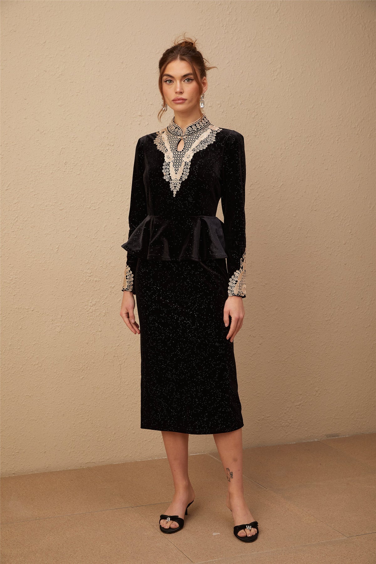 Roxane black velvet embellished midi dress