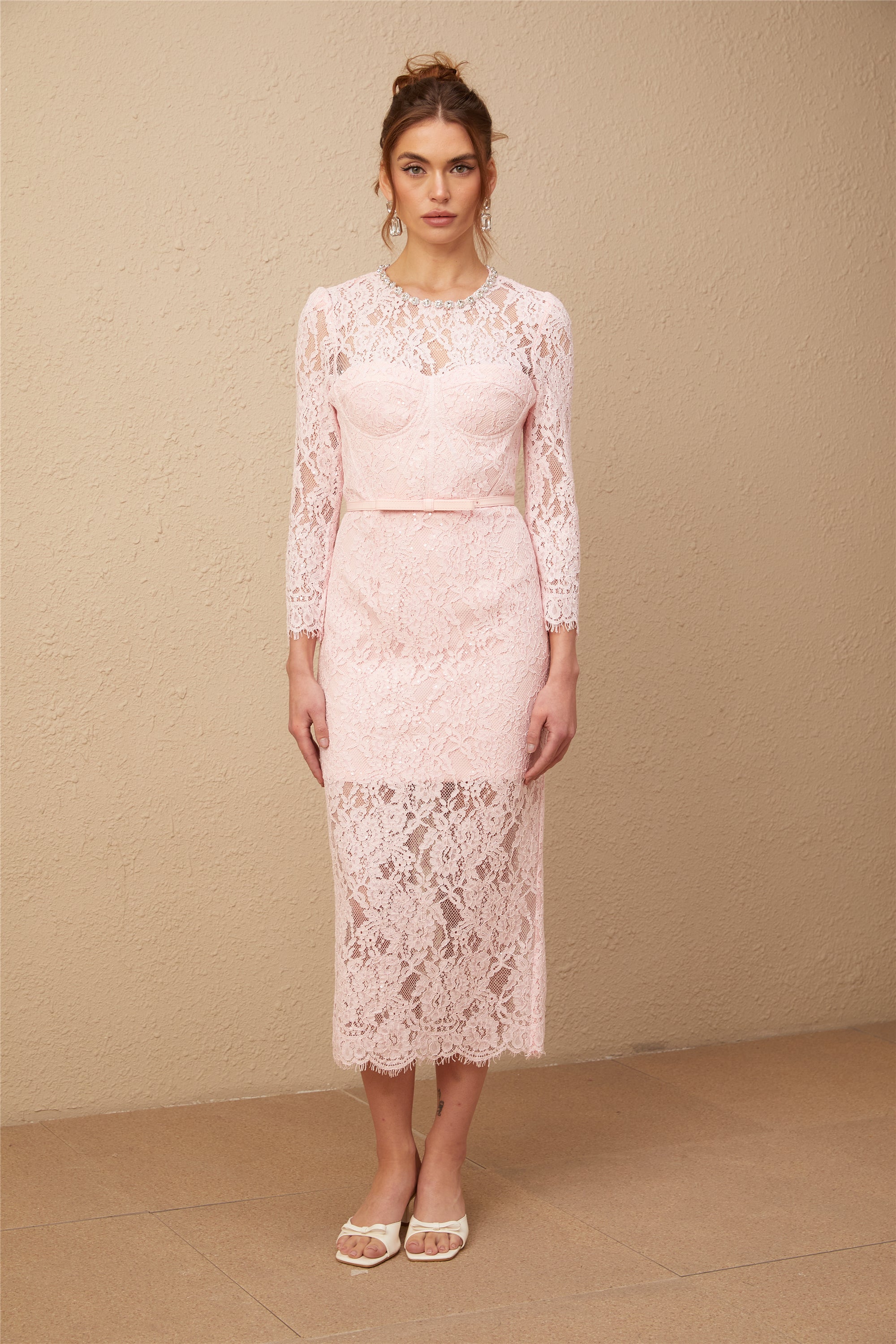 Elisabetta pink embellished floral-embroidered lace midi dress (Final Sale-US Only)