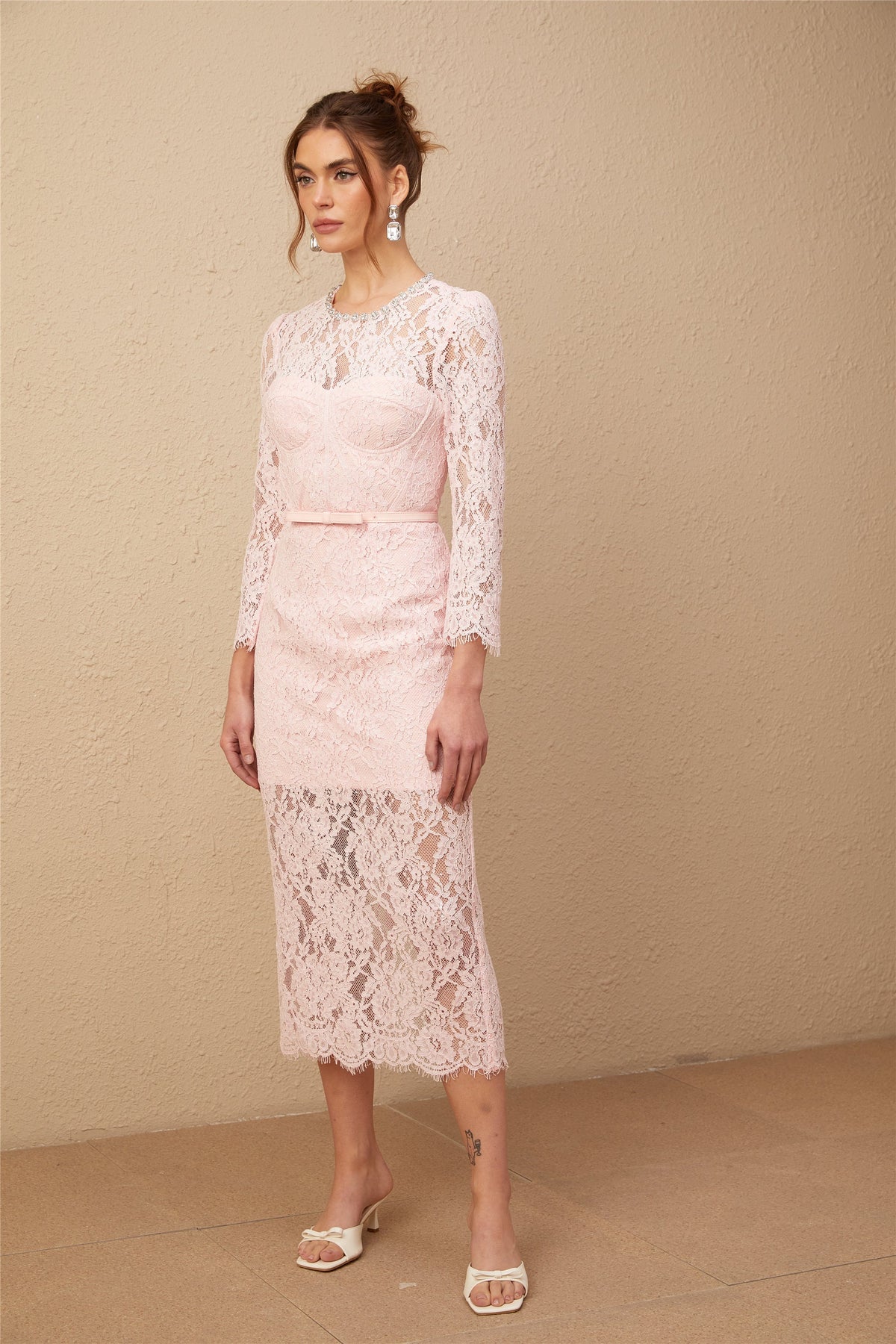 Elisabetta pink embellished floral-embroidered lace midi dress (Final Sale-US Only)