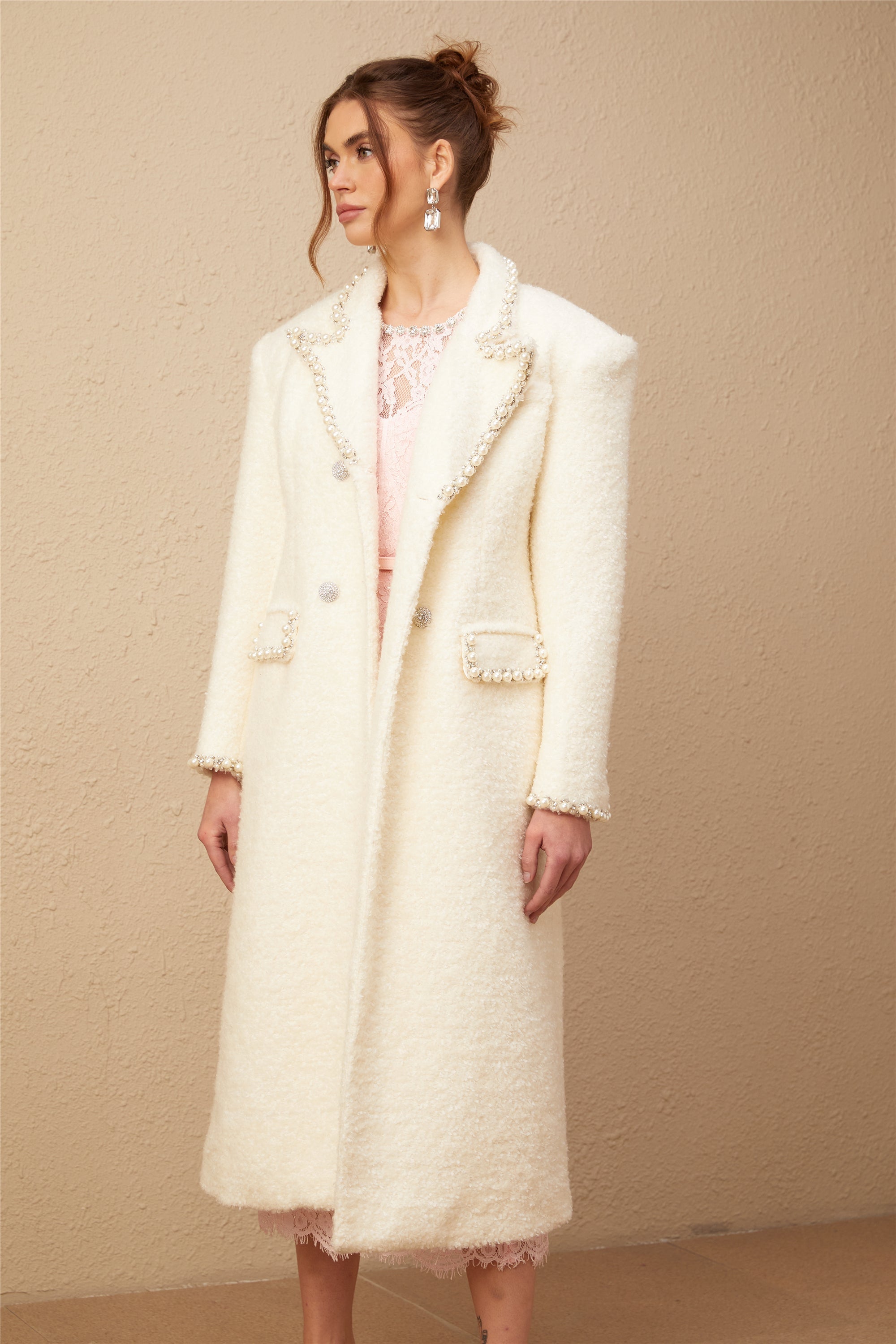 Isotta wool faux-pearl embellished tweed long coat