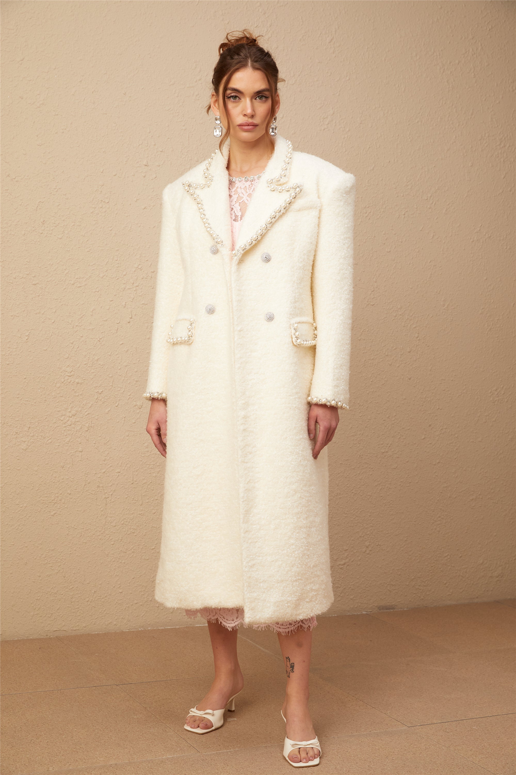 Isotta wool faux-pearl embellished tweed long coat