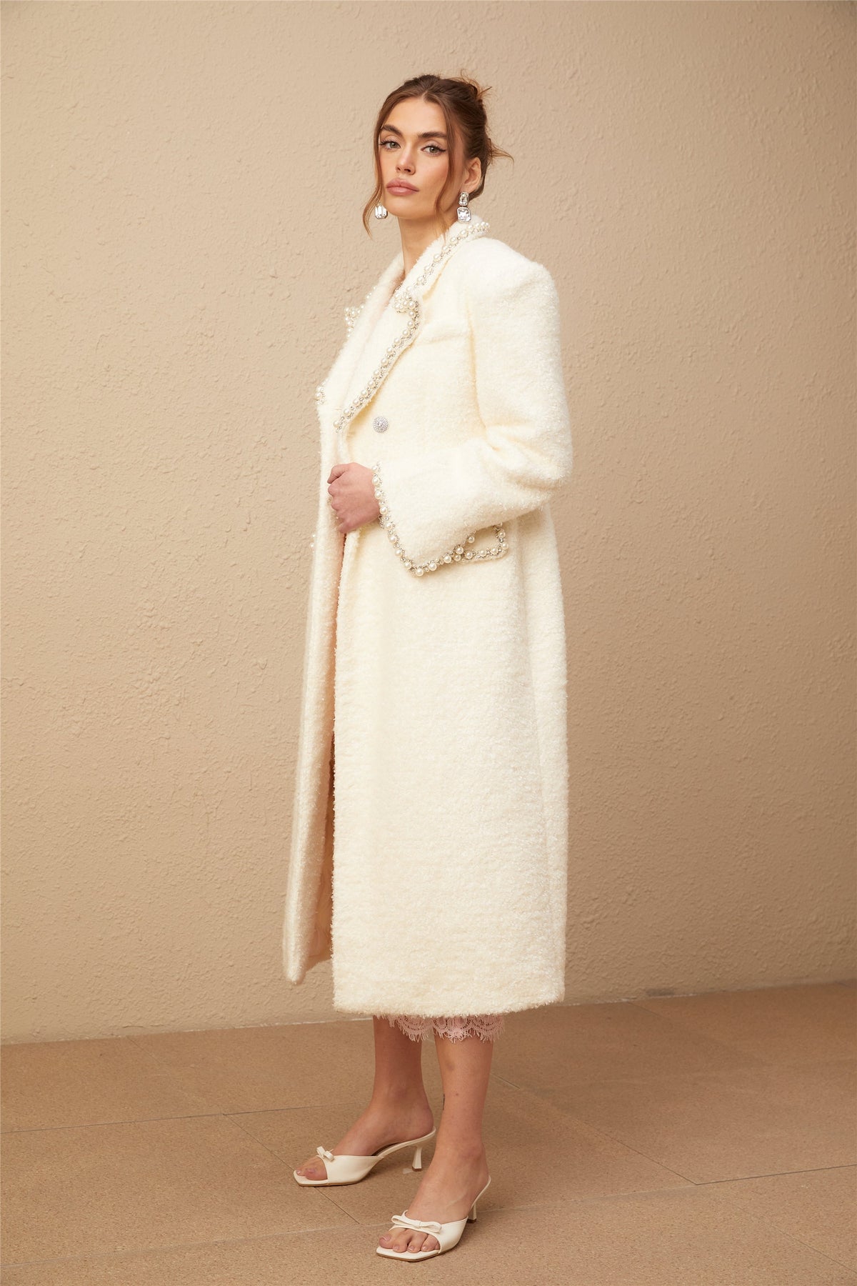 Isotta wool faux-pearl embellished tweed long coat