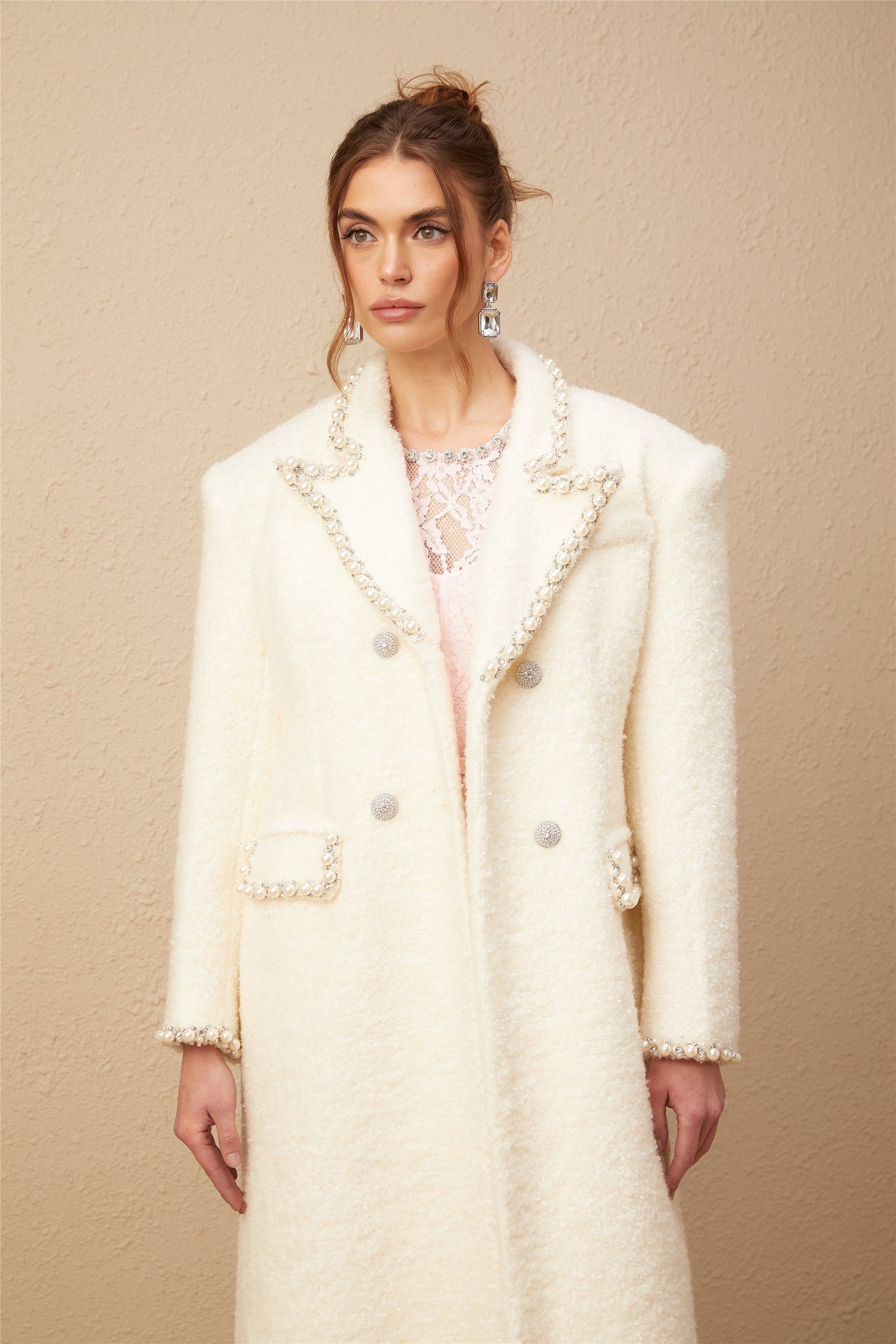 Isotta wool faux-pearl embellished tweed long coat