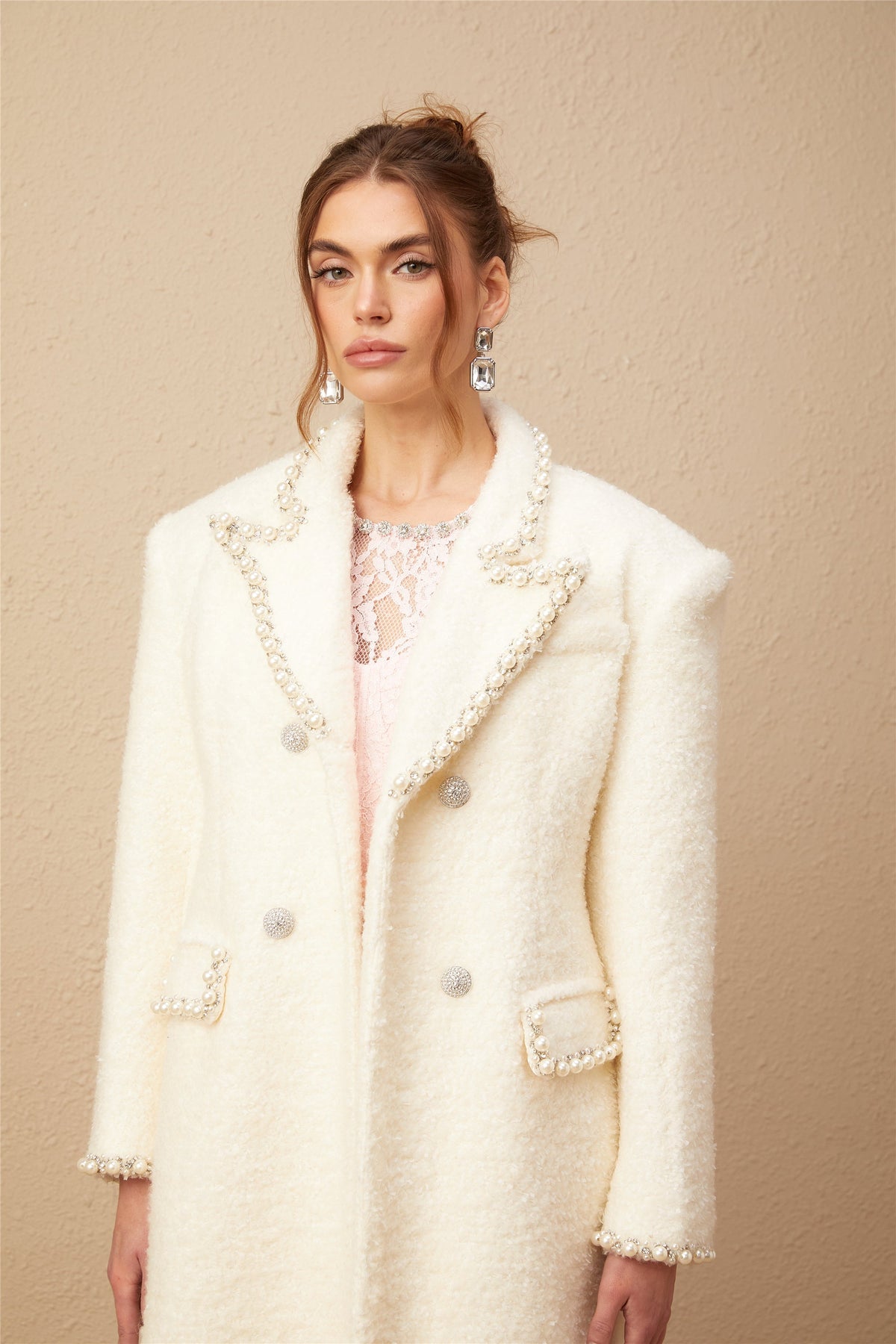 Isotta wool faux-pearl embellished tweed long coat