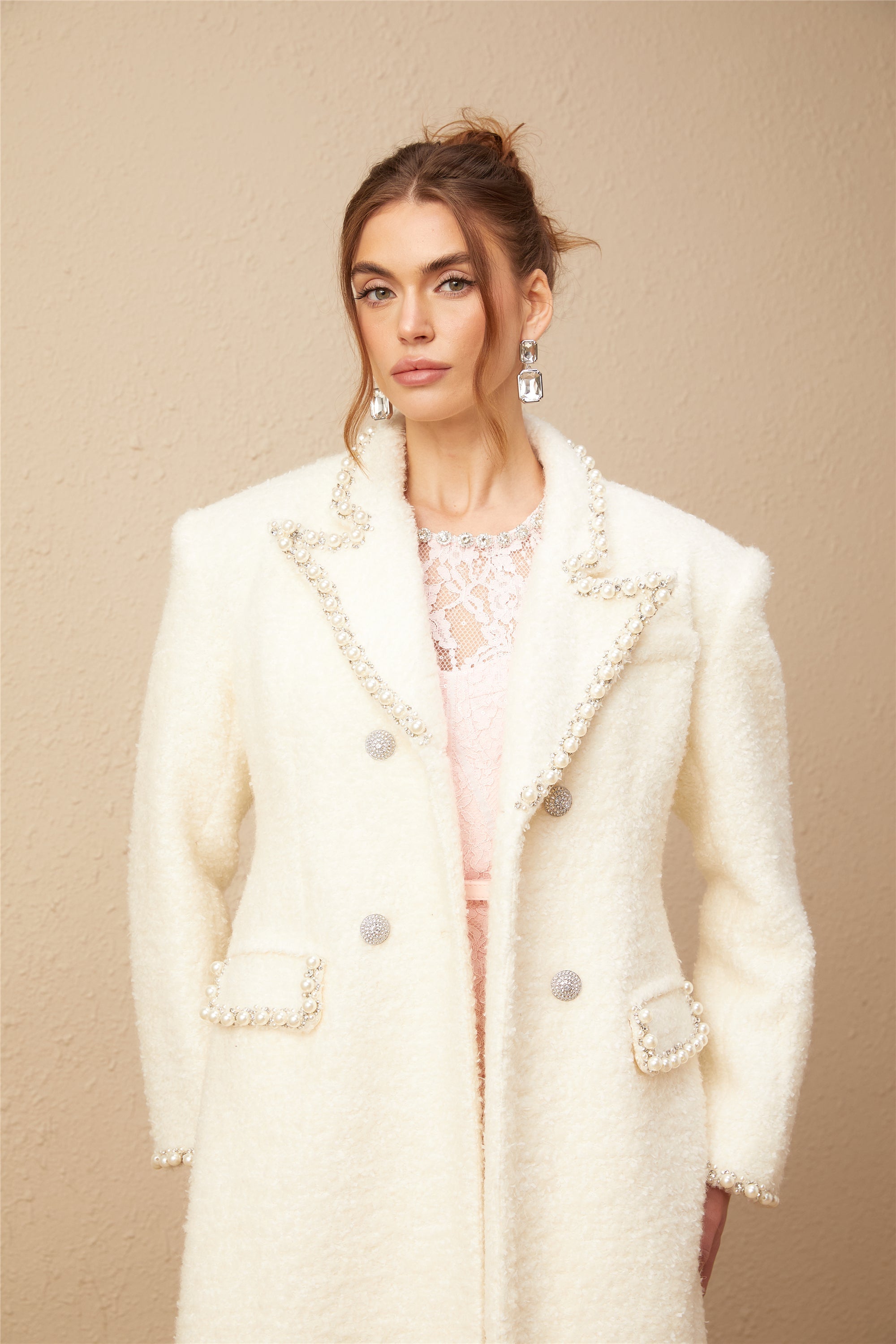 Isotta wool faux-pearl embellished tweed long coat