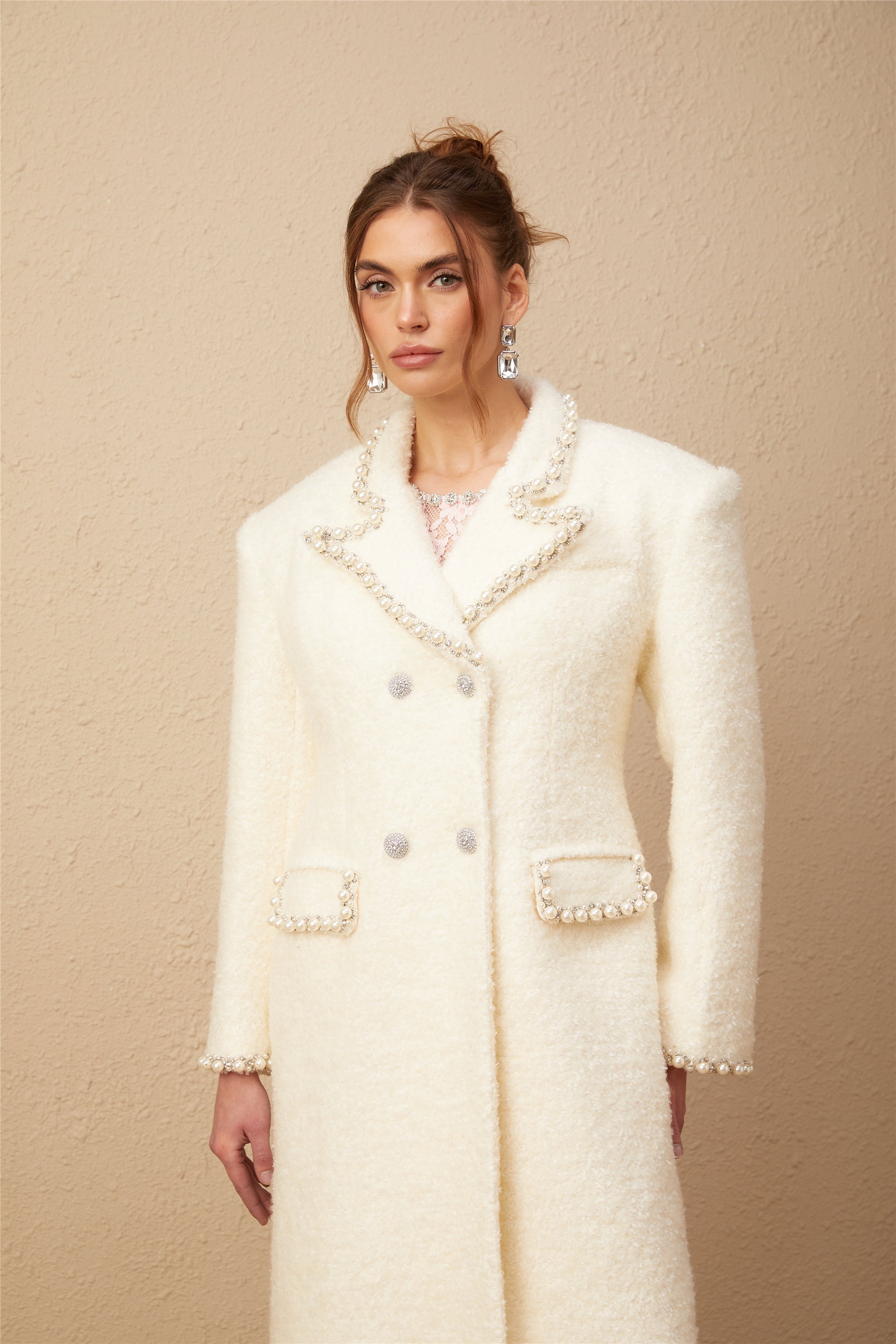 Isotta wool faux-pearl embellished tweed long coat
