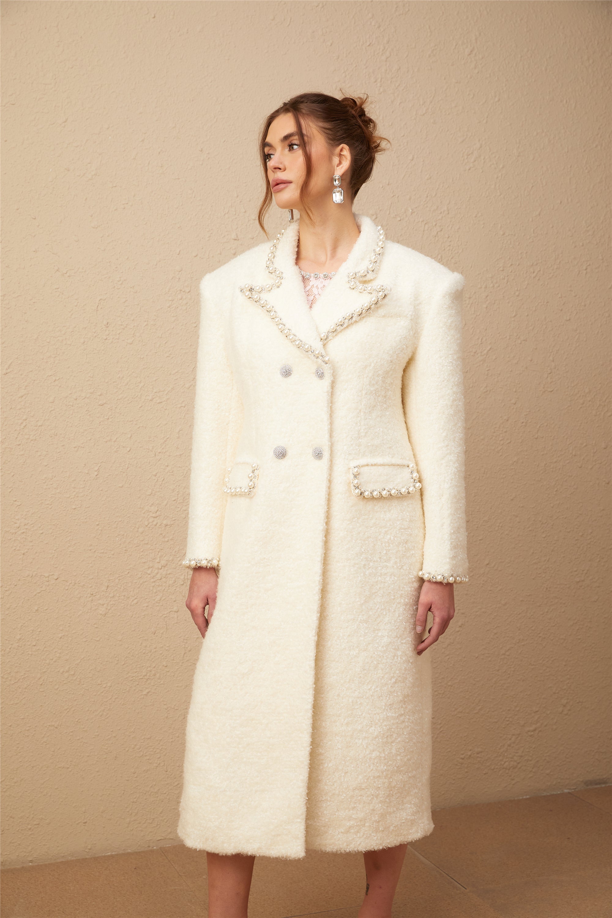 Isotta wool faux-pearl embellished tweed long coat