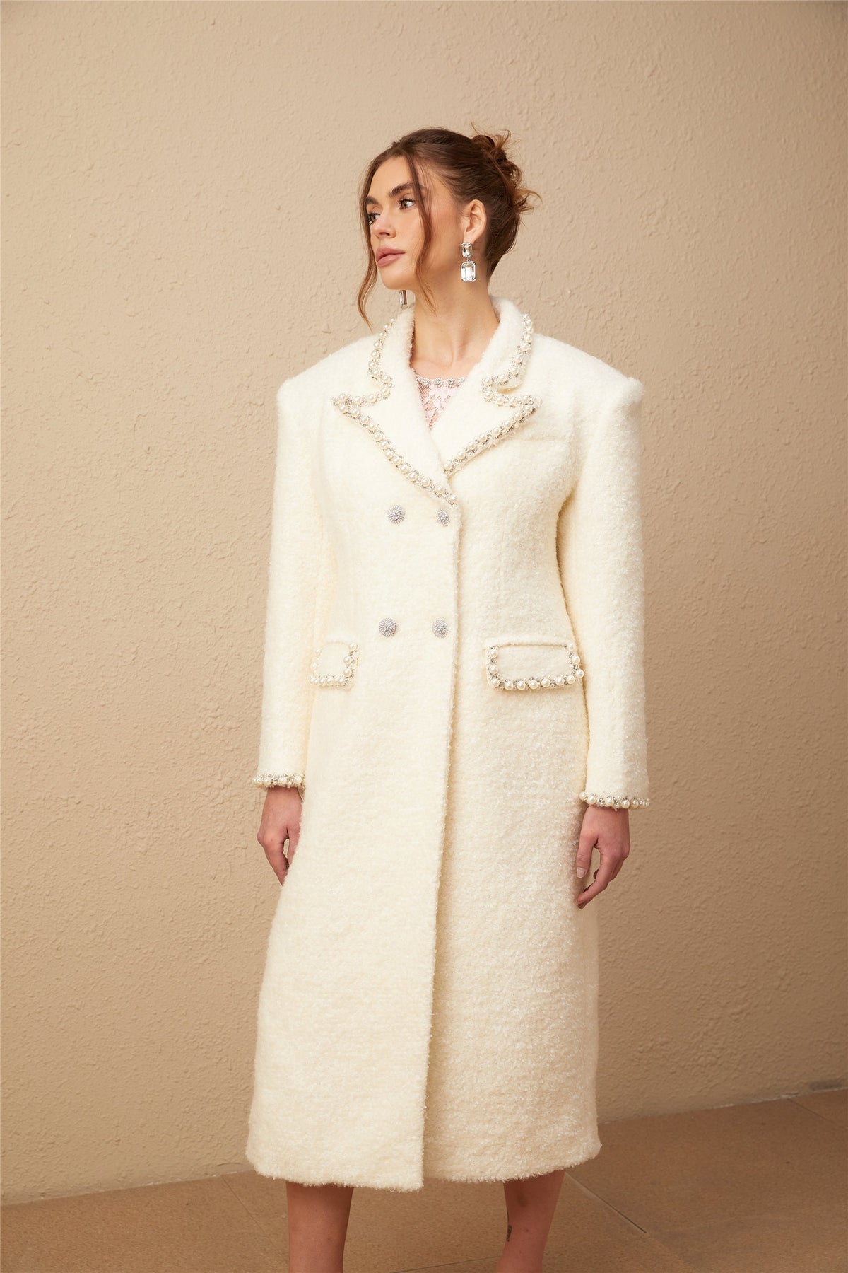 Isotta wool faux-pearl embellished tweed long coat