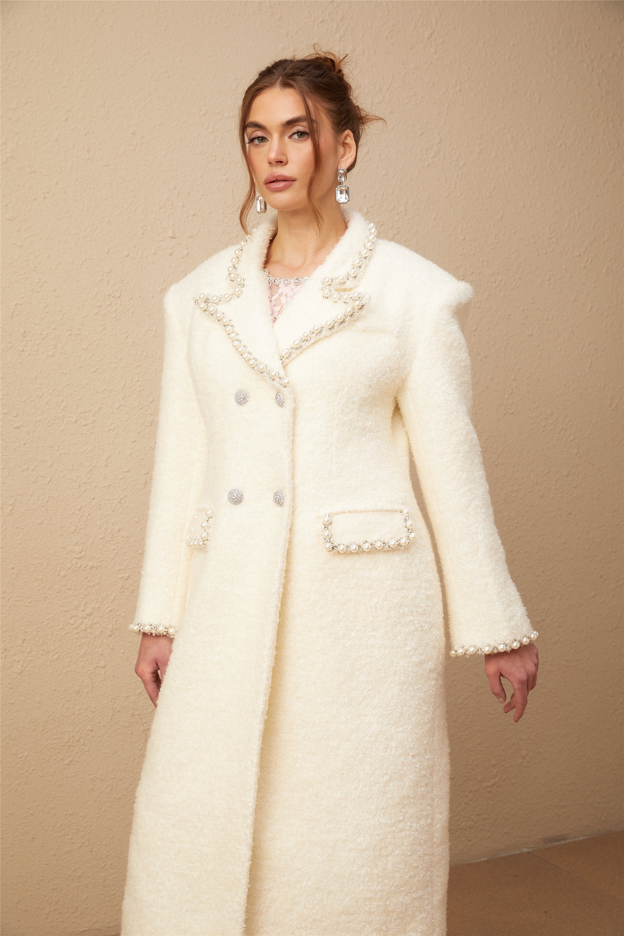 Isotta wool faux-pearl embellished tweed long coat