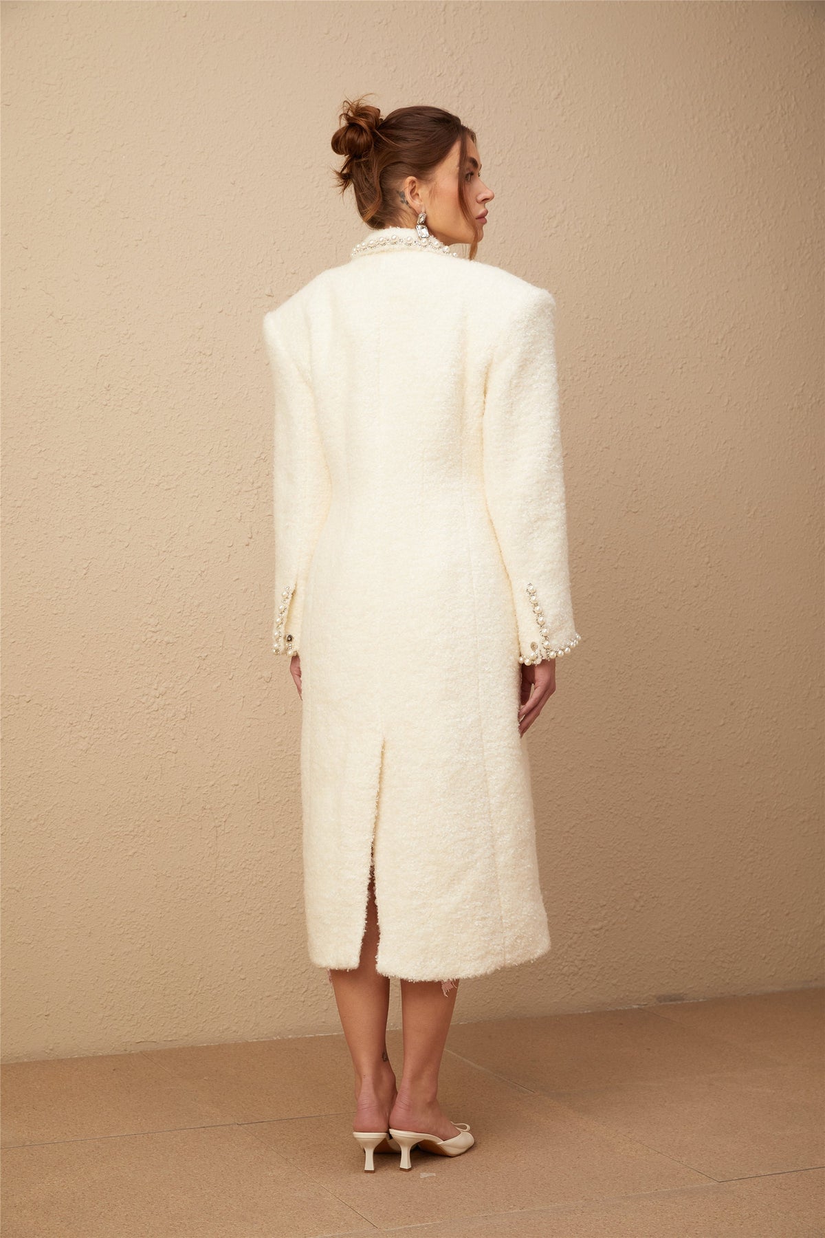 Isotta wool faux-pearl embellished tweed long coat