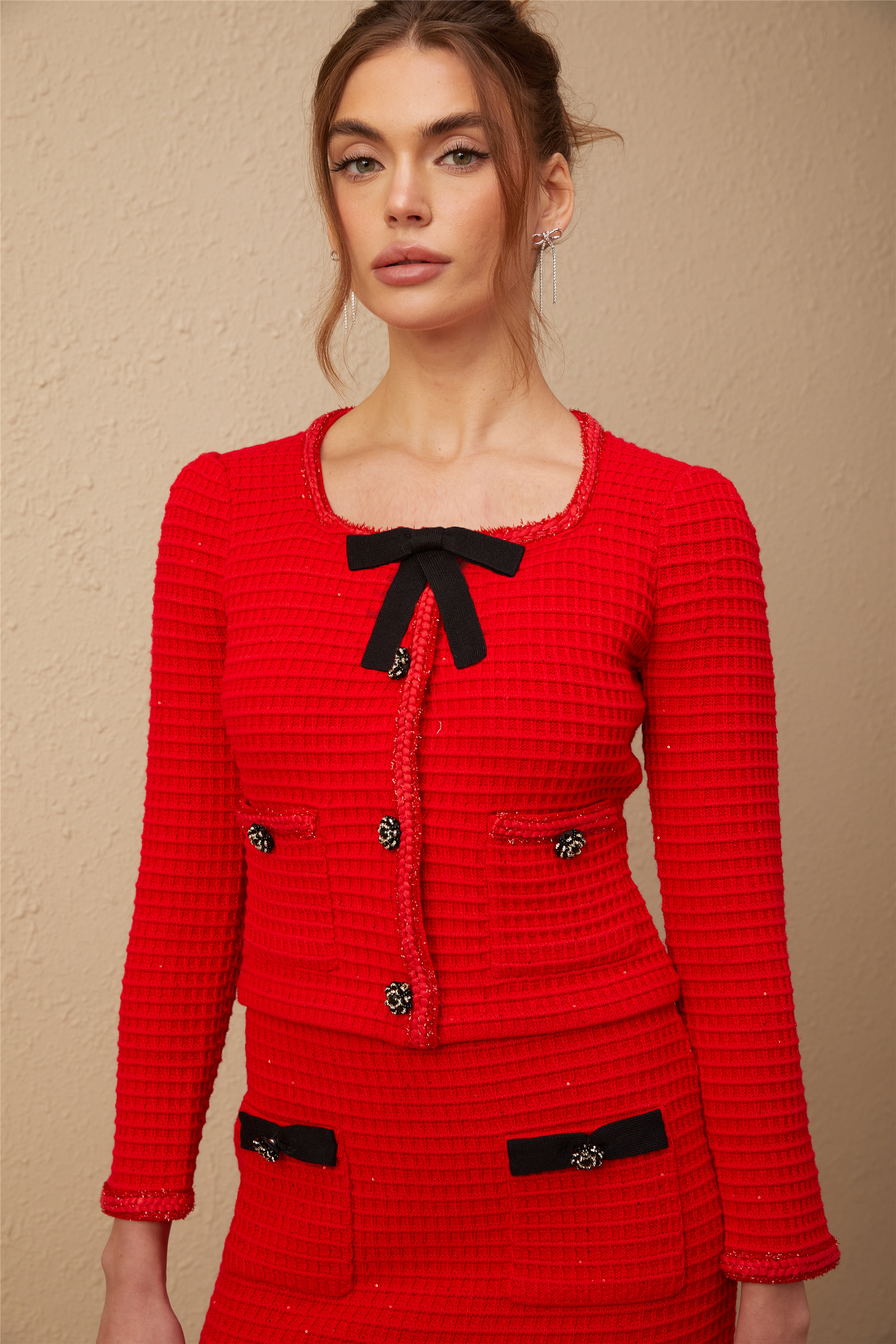 Cynthia red braided waffle-knit jacket & skirt matching set