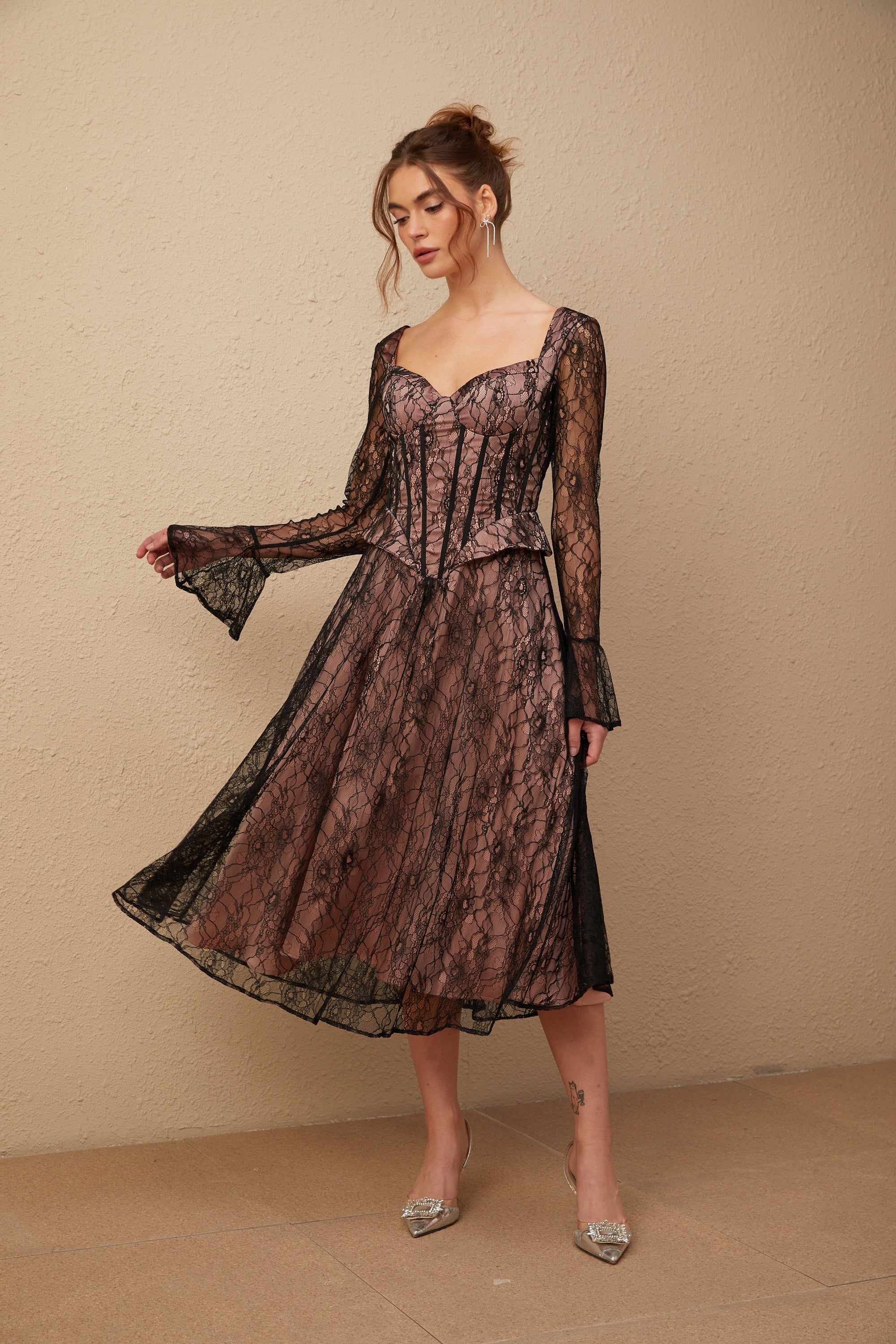 Jennifer black lace flared midi dress (US Only)