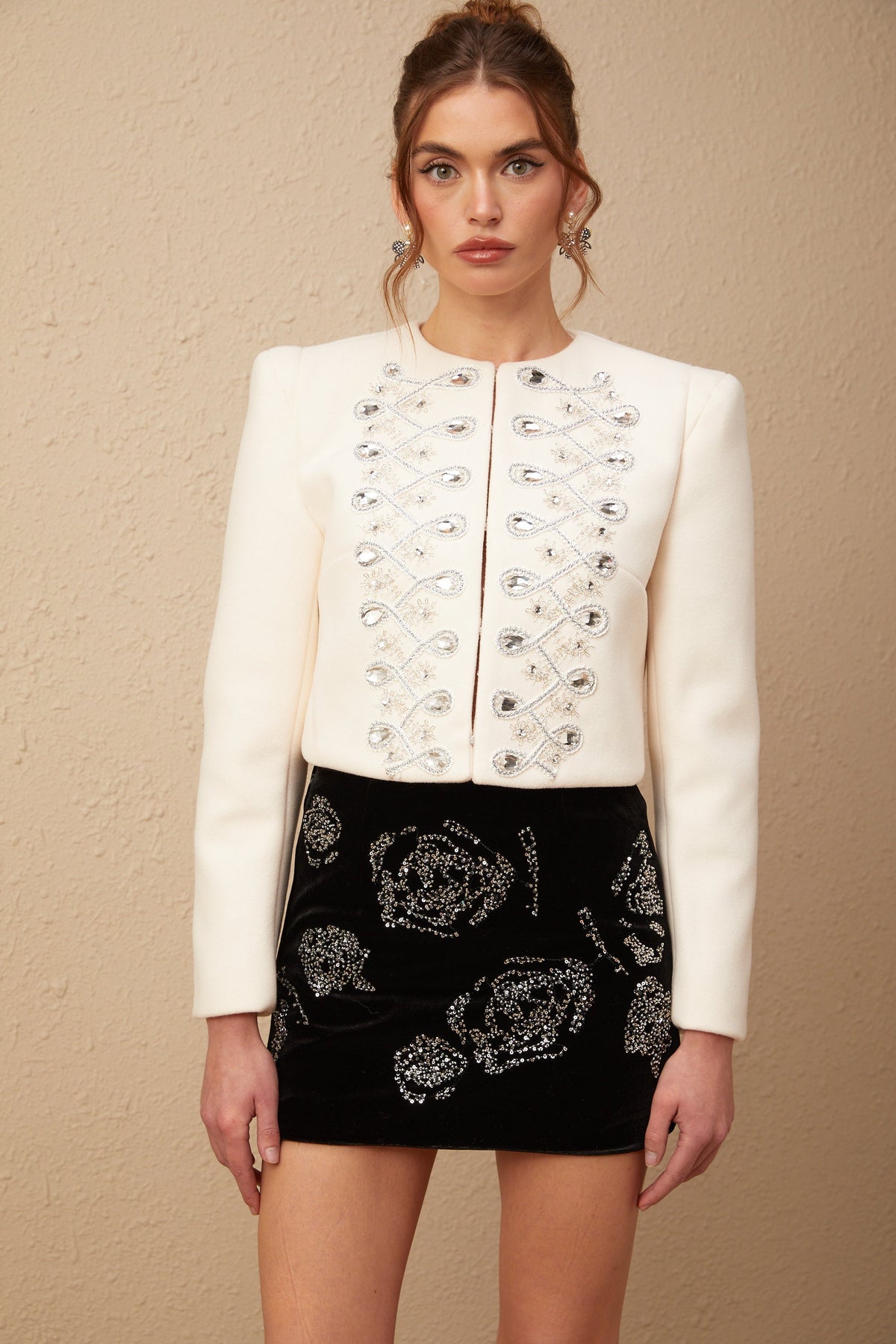 Nerina white crystal-embellished tweed jacket