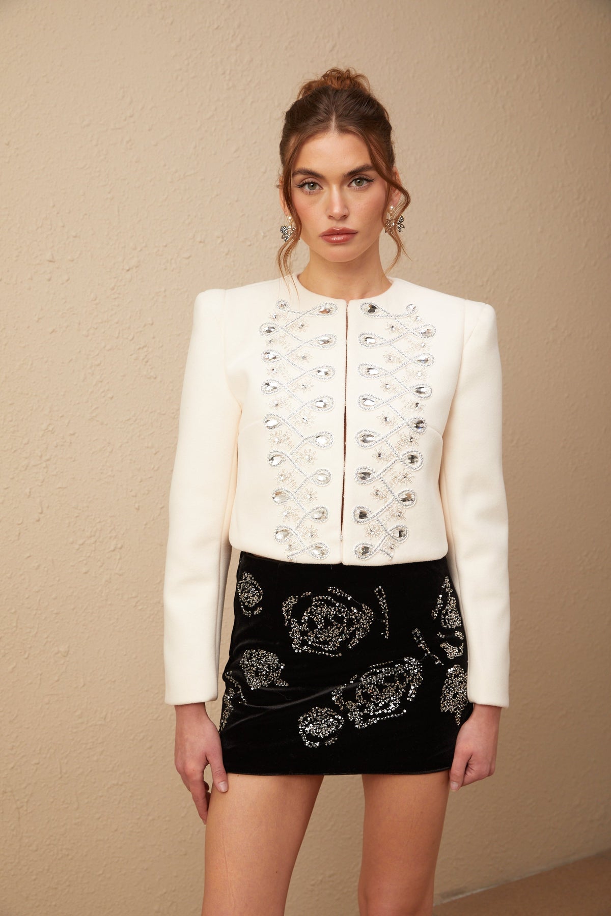 Nerina white crystal-embellished tweed jacket