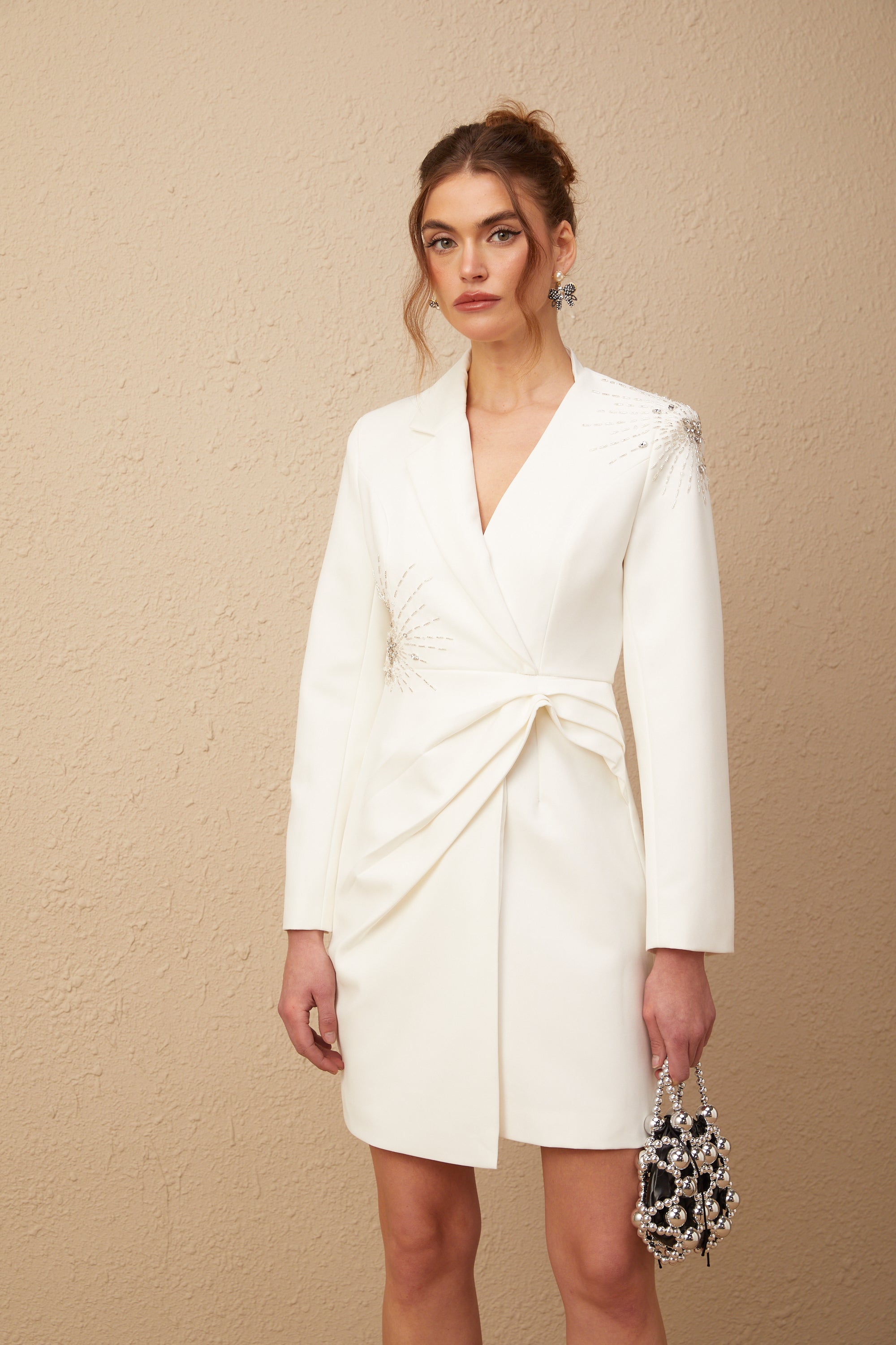 Mireille white embellished asymmetrical blazer dress