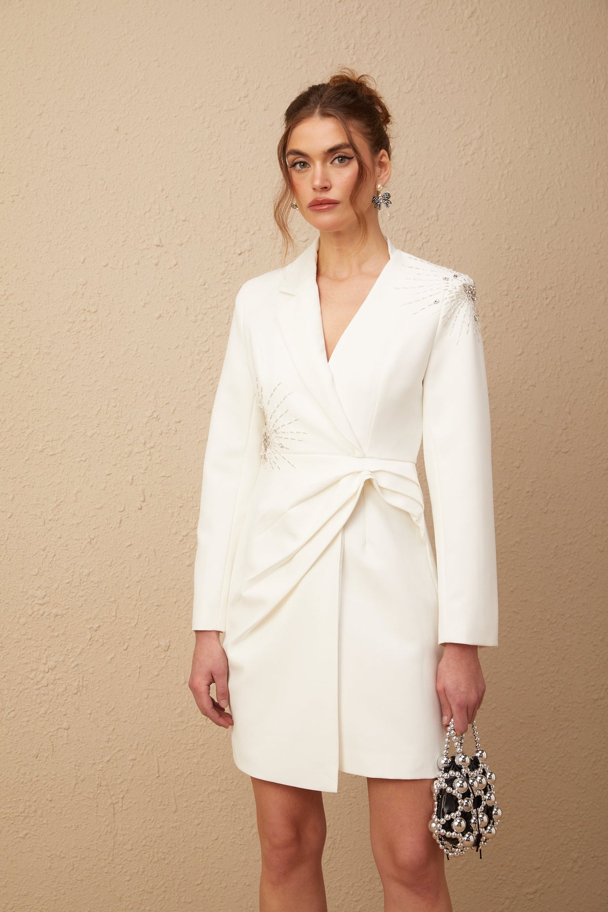 Mireille white embellished asymmetrical blazer dress