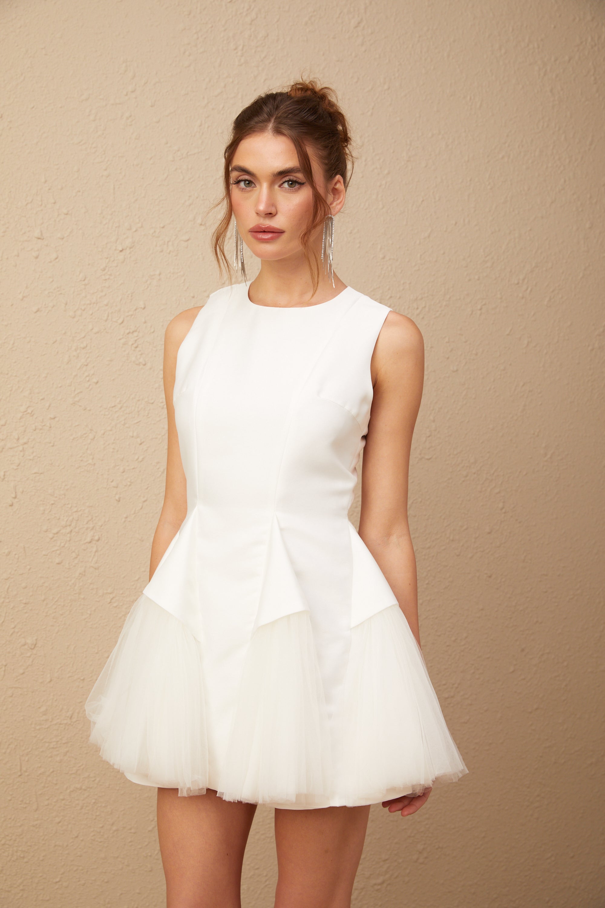 Assunta white puff tulle panelled mini dress (US Only)