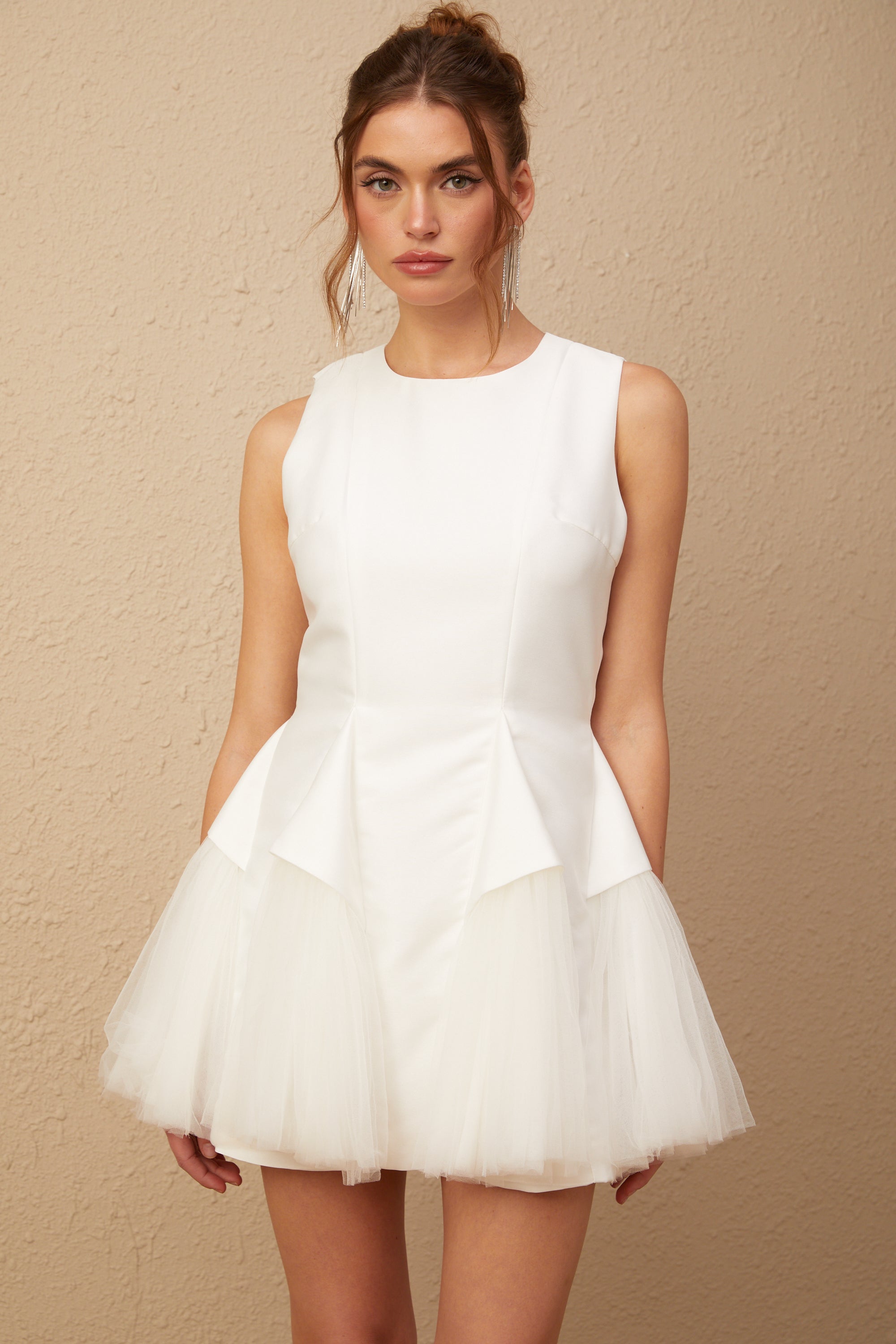 Assunta white puff tulle panelled mini dress (US Only)